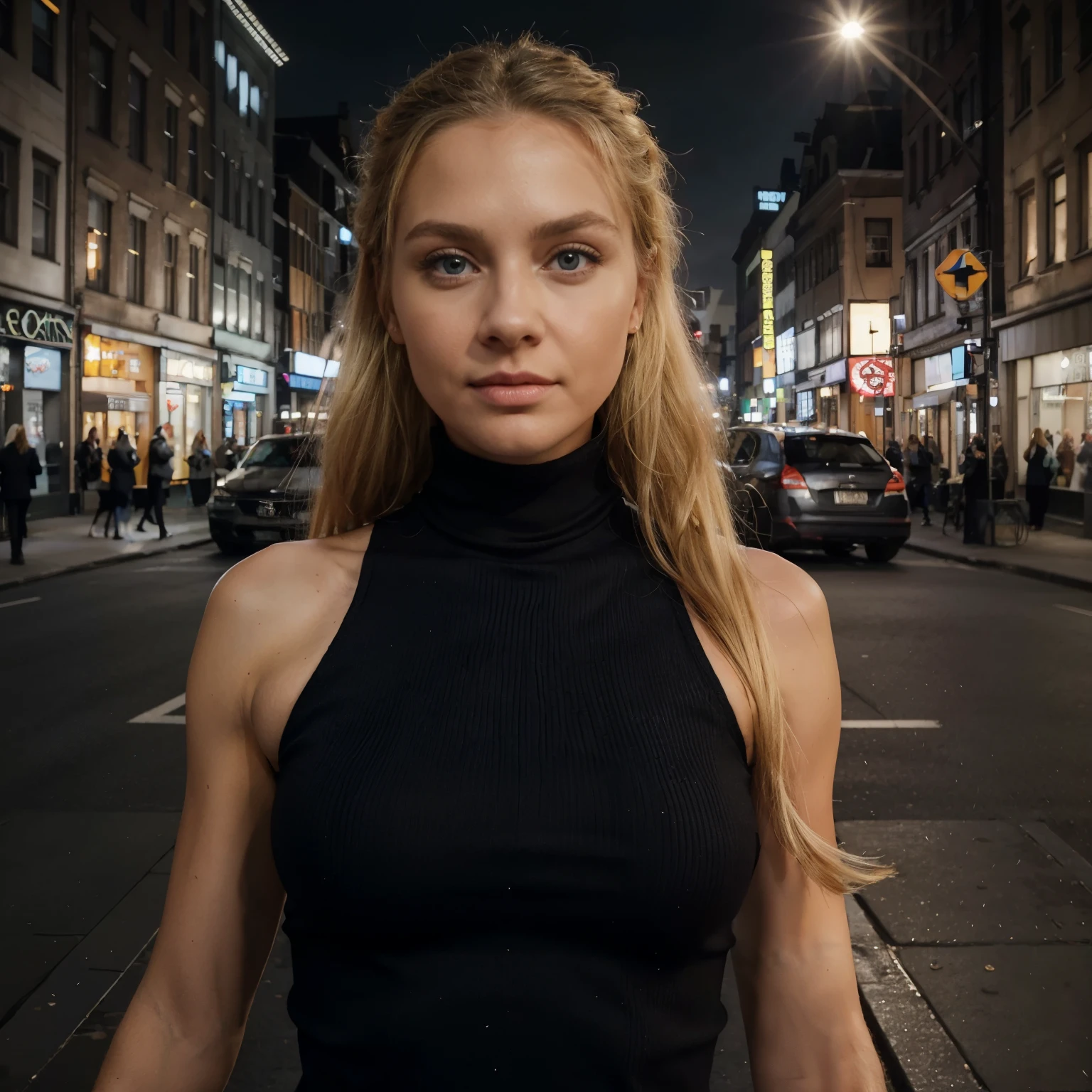(Meisterwerk, best quality), Beautiful woman, Detailed sleeveless turtleneck top, Hose, Blonde Frau, perfect body, Halskette, welliges Haar, perfektes Gesicht, pretty face, Verlockend, big beautiful eyes, Happy, (Draussen), City streets, New York, helle Farben