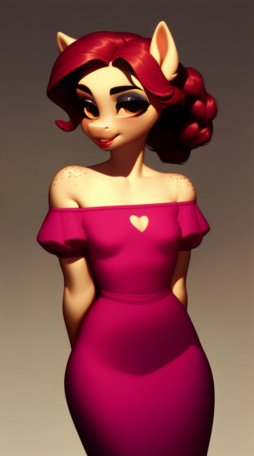 (score_9), (source_ derpibooru_p_95), (earth pony), ((anthro :1.1)), (shoulderless prom dress), blushing, solo, realistic hair, bangs, braid , anatomically correct, flat chest, hourglass body, high res, pink bottom lip, extremely detailed, absolutely stunning, freckles, skinny waist, makeup, arms behind back, young, filly, foal, 