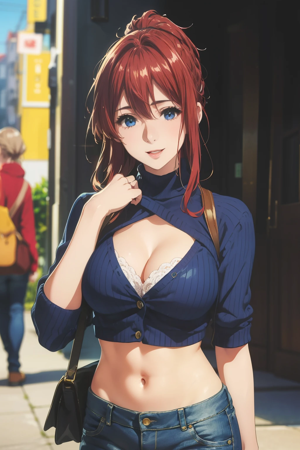 (1girl,masterpiece, highest quality, highest quality,beautiful and aesthetic:1.2,professional illustration:1.1,ultra detail:1.3, official art, professional illustration, Super detailed depiction, Super precise depiction, Highly detailed 8K illustrations, High resolution,perfect anatomy, perfect face, perfect hands、smile、big breasts、cleavage 、shiny skin:1.5、Chest with presence)、real stick、mature woman、redhead、long ponytail、open your mouth and laugh、white cropped sweater, belly button, sweater blur background、jeans、random pose、