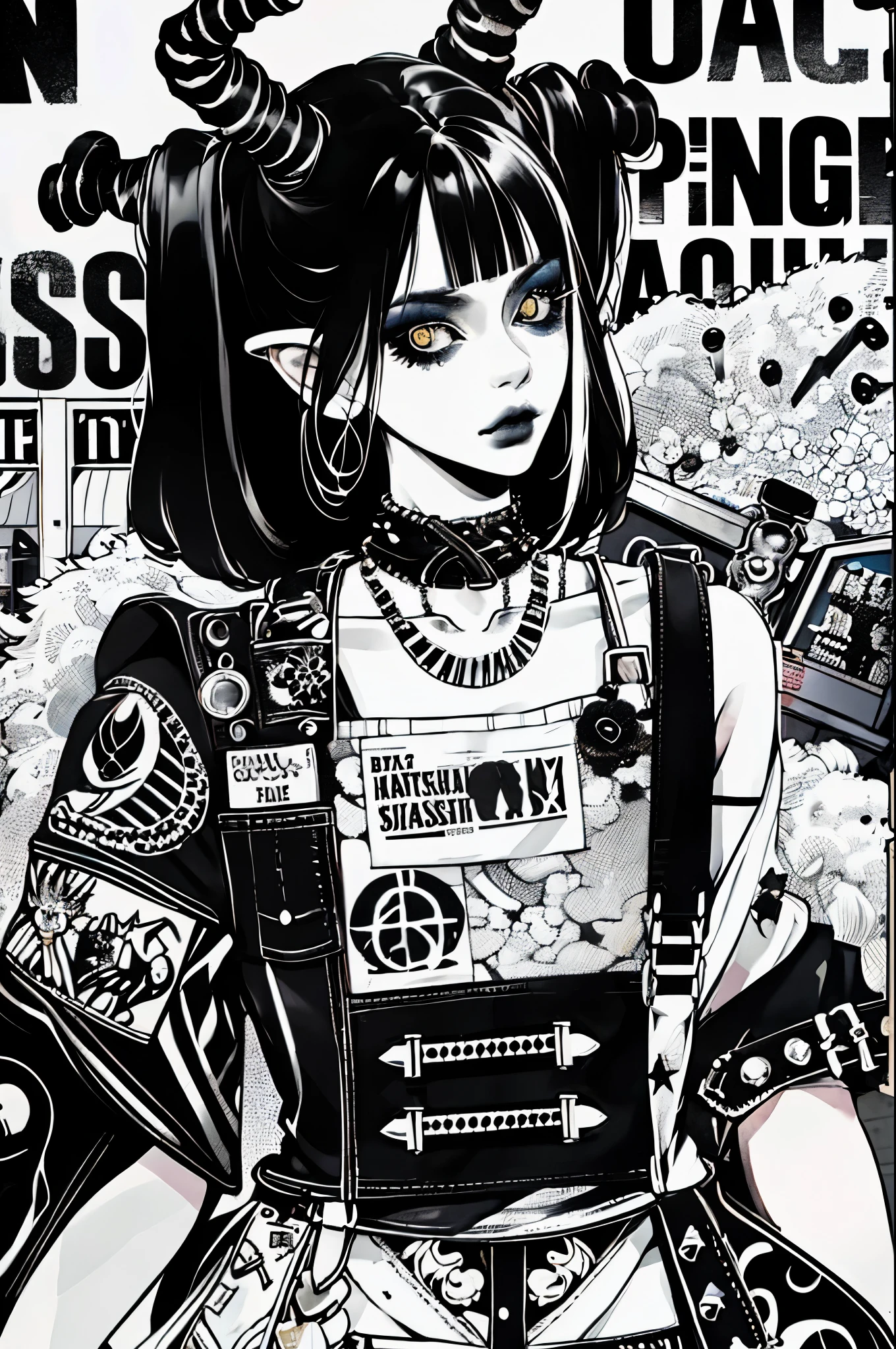 (masterpiece:1.2, best quality), (real picture, intricate details), (1lady, solo, upper body, big) The clothes ar:avant-garde,avant-garde,Experiment with appearance:curlies,Dramatic makeup,Unconventional fashion choice behavior:rebelliousness、non-conformist、Provocation location:urban art district、Underground music venues Hobbies:Participation in punk shows、creating mixed media art、Try different subcultural values:individuality、Realiy、Creative expression of inspiration:Punk rock music、Counterculture icons,Avant-garde art movement character traits:boldness、boldness、act outside the box。