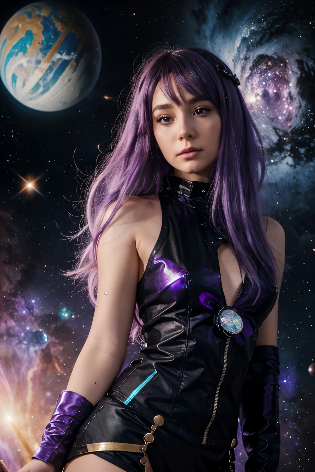 a close up of a woman with purple hair , holding a wizard staff, and a galaxy in the background, anime girl with cosmic hair, beeple and jeremiah ketner, girl in space, her hair is the milky way, goddess of galaxies, cosmic girl, strange portrait with galaxy, jen bartel, cosmic goddess, fantasy art style, inspired by Cyril Rolando, goddess of space and time