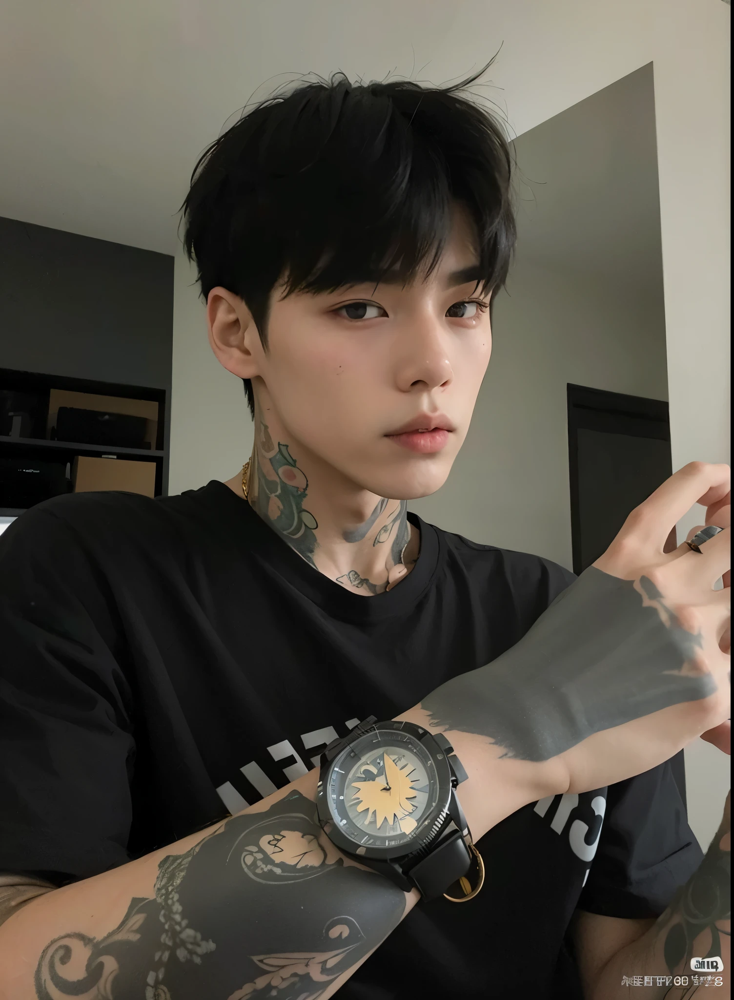 A closeup of a person with a tattoo on their wrist holding a watch, kim doyoung, pintar ulzzang, yanjun chengt, cai xukun, inspirado en Yanjun Cheng, Jung Jaehyun, inspirado en Bian Shoumin, handsome japanese demon boy, TaeJune Kim, kanliu666, 1 7-year-old boy with a thin face