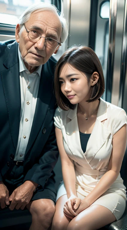 (1  girl sitting next to 1 old man:2,close to each other:1.2,wrapping old man’s arm around girl’s shoulder),(very cute face,embarrassed:1.2),bob cut,sailor ,upskirt,inside train,perfect anatomy, masterpiece, best quality,8k,perfect face,from front,upper body
