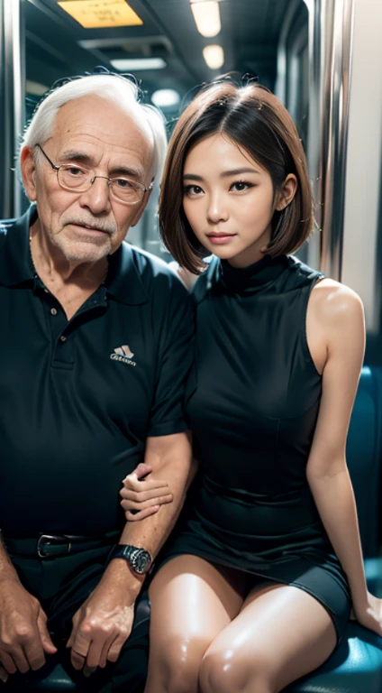 (1 teen girl sitting next to 1 old man:2,close to each other:1.2,wrapping old man’s arm around girl’s shoulder),(very cute face,embarrassed:1.2),bob cut,sailor ,upskirt,inside train,perfect anatomy, masterpiece, best quality,8k,perfect face,from front,upper body
