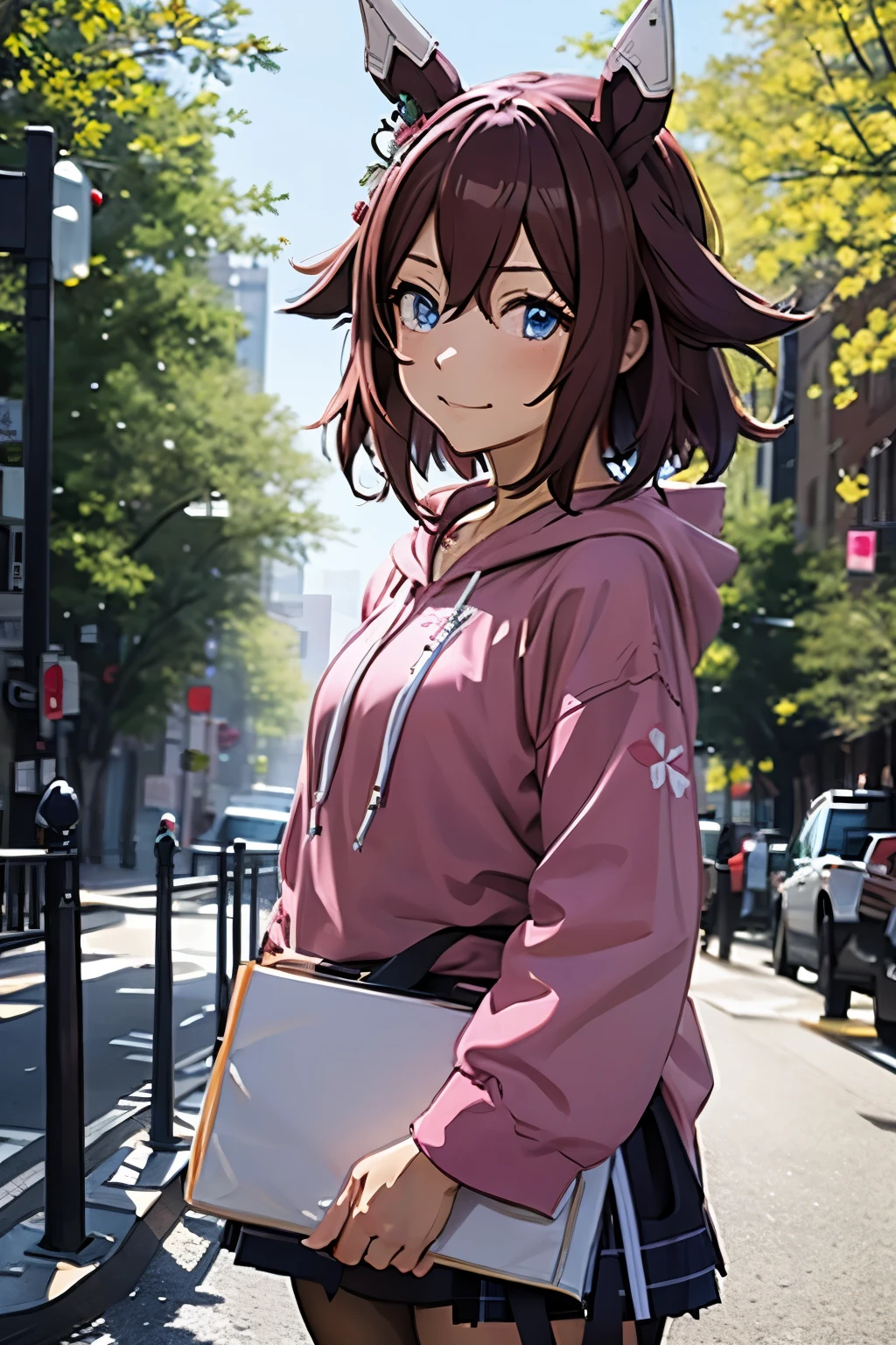 Uma Musume(Sakura Chiyono-O)、red hair、horse ears、horse tail、blue eyes、Pink hoodie、cute、smile、bright persona、younger sister、Traveling in New York&#39;s Central Park、high quality、high resolution