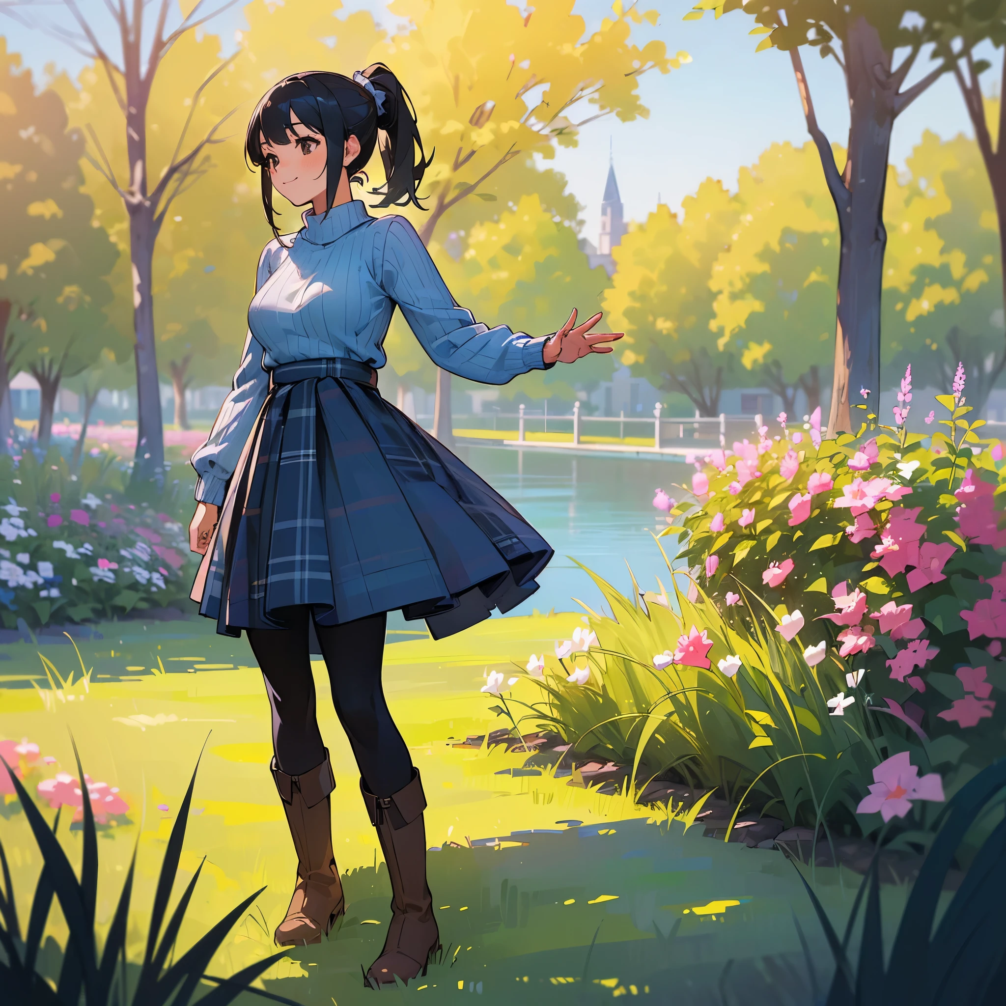 (high quality, high resolution, Super detailed, Reality:1.37), peaceful atmosphere, (outdoor, garden), Teenage girl standing alone, (My breasts are big.), Beautiful detailed features, cute smile, (black hair ponytail), ribbed sweater, blue plaid skirt, Black tights, brown boots.