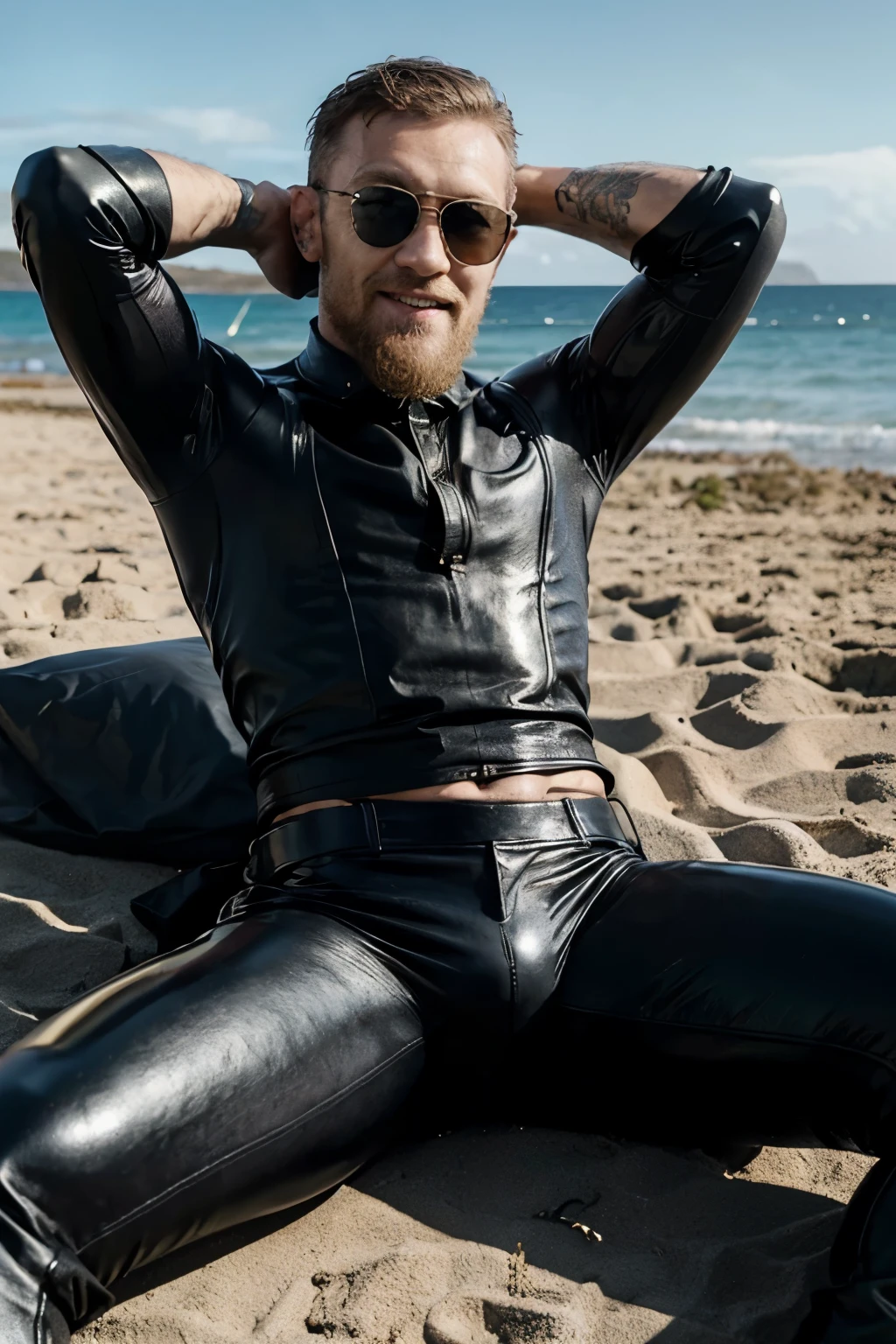 conor mcgregor smiling in shades, in tight shiny black leather pants, manspread on the beach. arms over head.