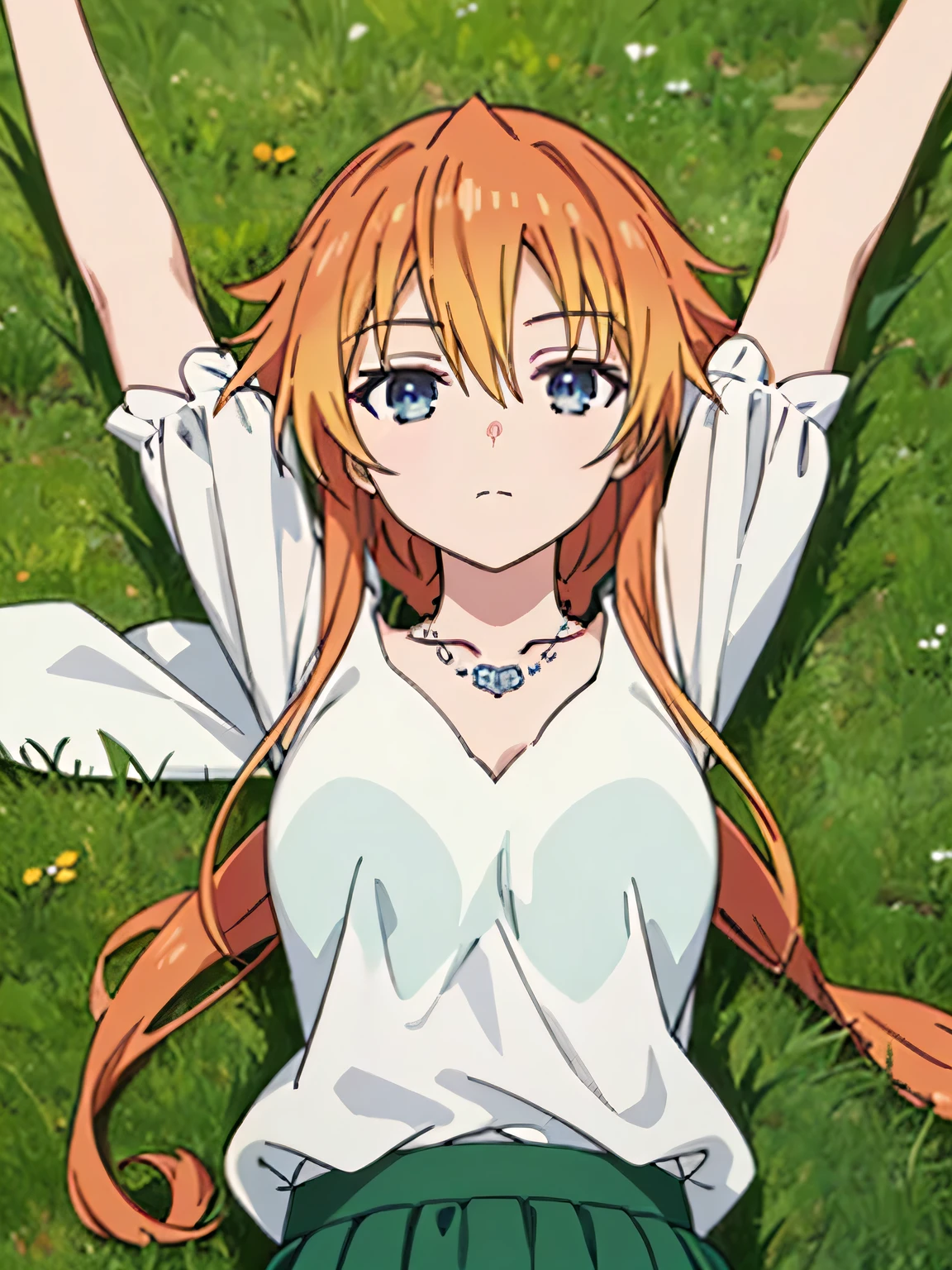 (((pixel-perfect, detail-perfect))), solo, 1girl, yuzuru yamai, white shirt, necklace, green skirt, looking at viewer, closed mouth, spread arms, arms up, expressionless, on back, on grass, looking at viewer, solo, center,