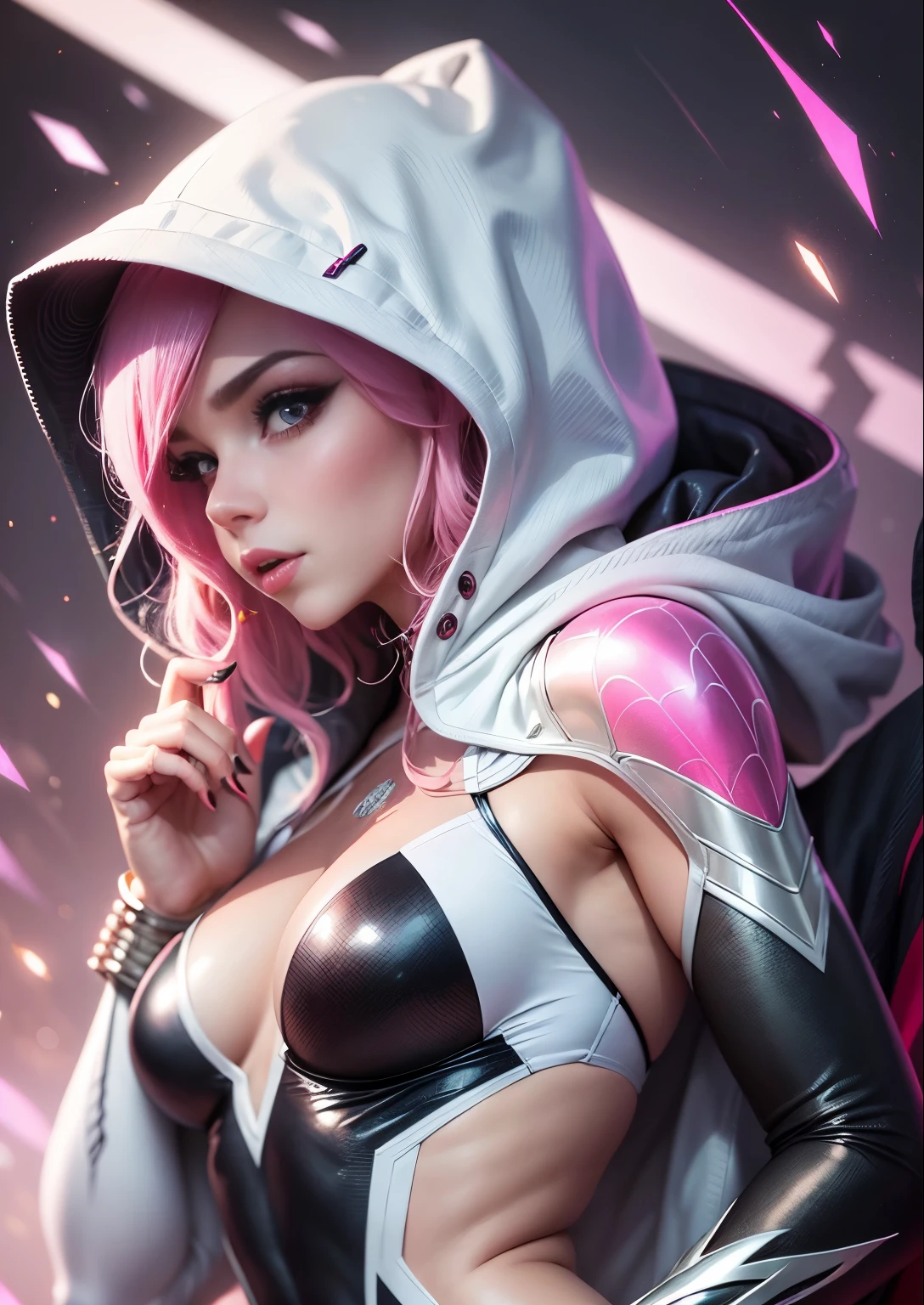 a close up of a woman with pink hair wearing a white hoodie, spider gwen, spider - gwen, spider-gwen, wearing white silk hood, maya ali as a cyber sorceress, in spandex suit, amouranth as a super villain, ( ( spiderwoman ) ), clothed in hooded, shiny white skin, tease, gwen stacy