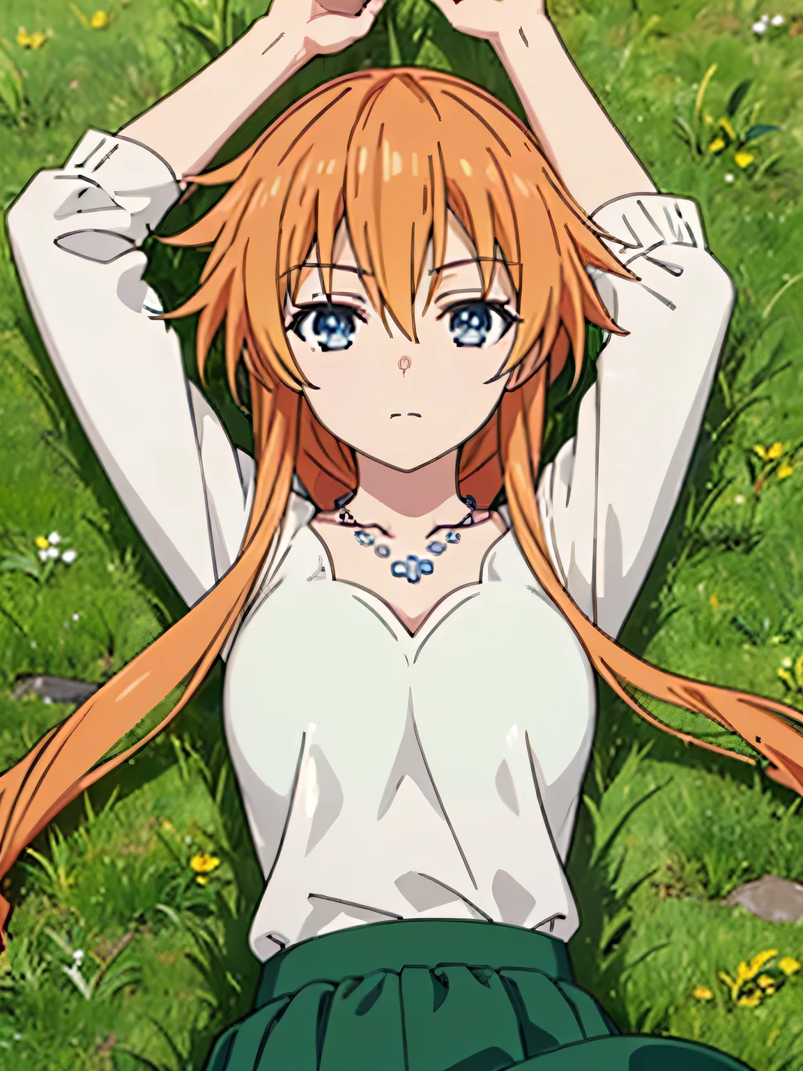 (((pixel-perfect, detail-perfect))), solo, 1girl, yuzuru yamai, white shirt, necklace, green skirt, looking at viewer, closed mouth, spread arms, arms up, expressionless, on back, on grass, looking at viewer, solo, center,