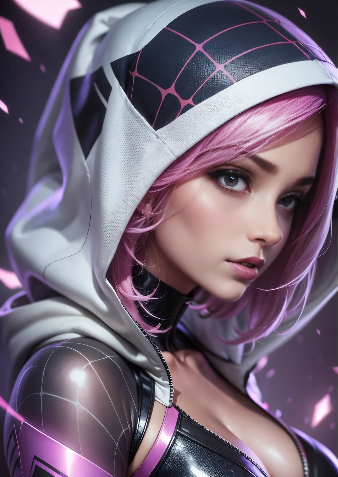 a close up of a woman with pink hair wearing a white hoodie, spider gwen, spider - gwen, spider-gwen, wearing white silk hood, maya ali as a cyber sorceress, in spandex suit, amouranth as a super villain, ( ( spiderwoman ) ), clothed in hooded, shiny white skin, tease, gwen stacy