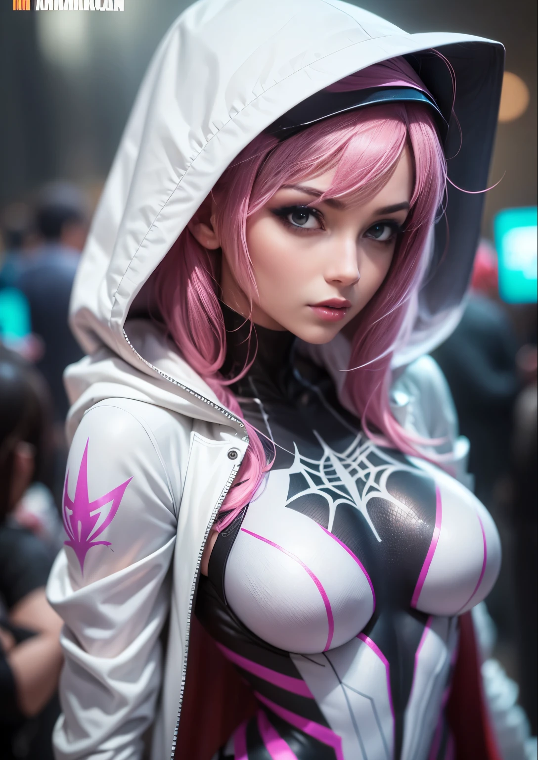 a close up of a woman with pink hair wearing a white hoodie, spider gwen, spider - gwen, spider-gwen, wearing white silk hood, maya ali as a cyber sorceress, in spandex suit, amouranth as a super villain, ( ( spiderwoman ) ), clothed in hooded, shiny white skin, tease, gwen stacy