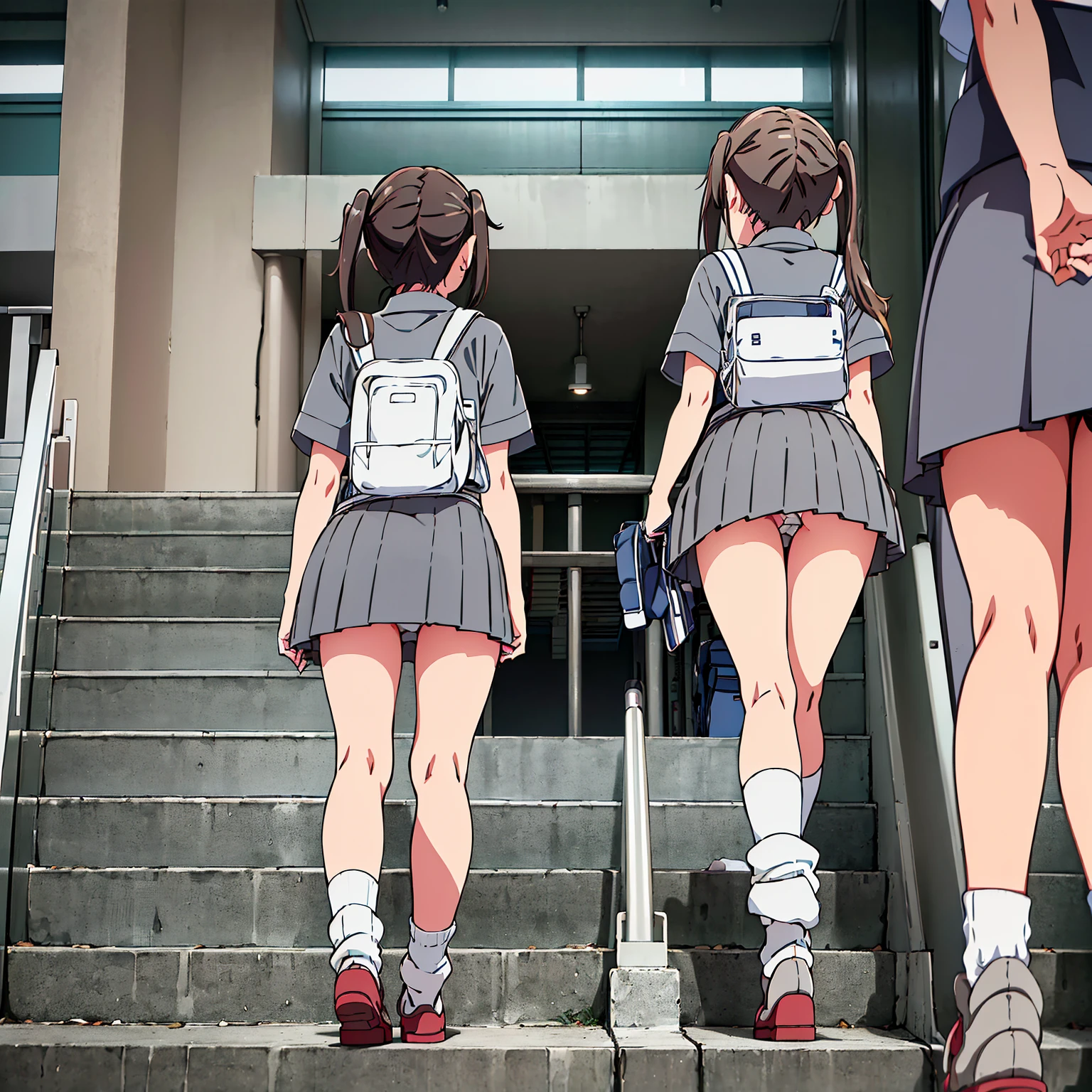 ((highest quality, 8K, RAW photo)), sharp focus 1.5,((3 high school girls))brown hair、black hair、twin tails、back view((Walking up the stairs at Yokohama Station))((panty visible))((mini skirt))(((Gray skirt)))(((White loose socks)))(((loafers)))((Low - Angle))((Full body view))