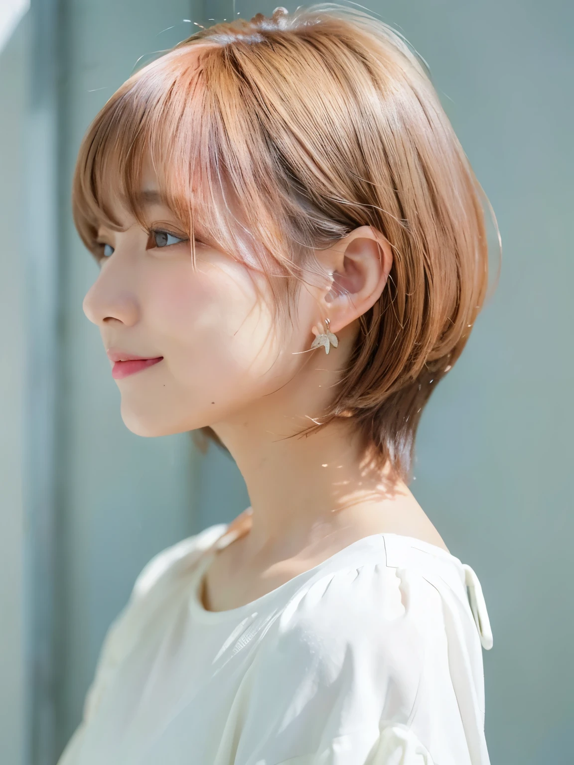 white wall、Taken in front of the white door、(窓のあるwhite wallの部屋)、(8K、Raw photo、highest quality、masterpiece:1.2)、High-definition RAW color photo、professional photos、(realistic、フォトrealistic:1.37)、Shot in natural light、1 girl、laughter、Versatile poses、Spring clothes、 necklace、(Beautiful profile:1.3)、Don't look at the camera、profile、shortcut、((bright hair color))、short hair、Shot in natural light、High-tone hair color、earrings、Blouses in pastel colors