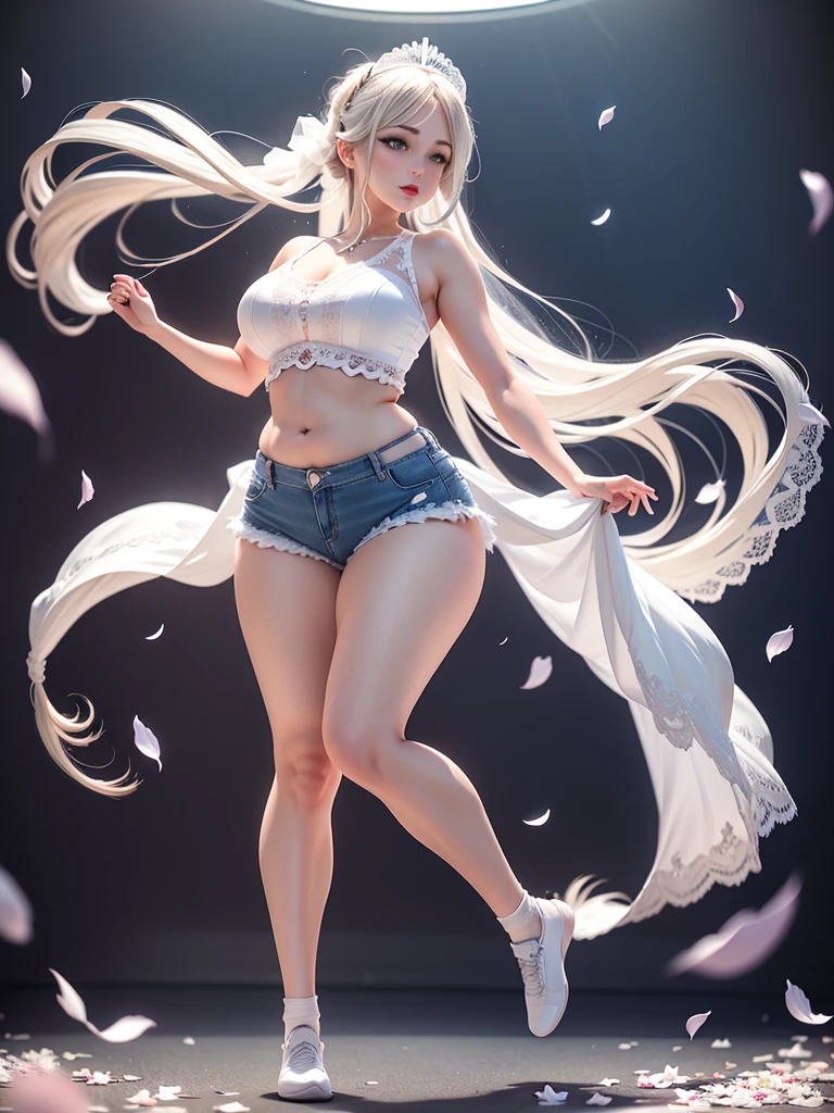 sports shoes，bridal beauty，white socks，stand，Refined face，long hair，denim hot-pants，White lace vest，bathroom，Bridal veil，Lolita，girl，float，Wind magic，flying petals，Floating hair，
，belly dance，Bare crotch，Exposing the upper part of the mons pubis and thick hair，thigh