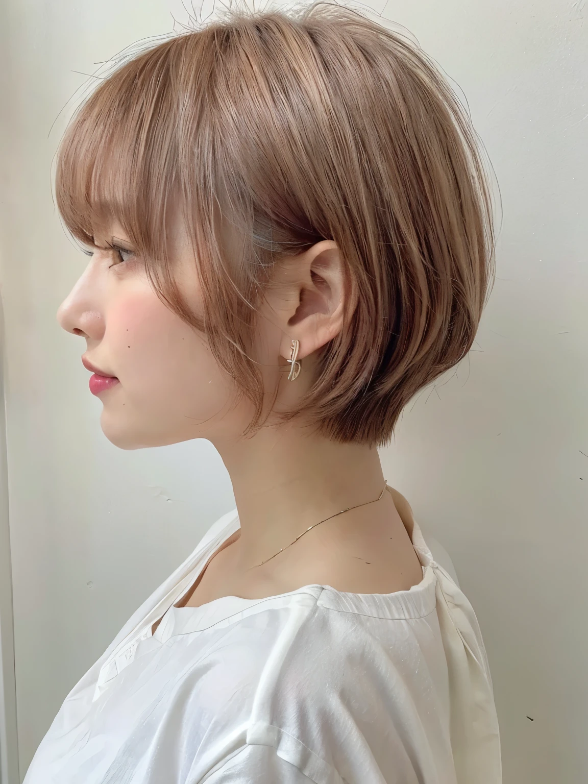 white wall、Taken in front of the white door、(窓のあるwhite wallの部屋)、(8K、Raw photo、highest quality、masterpiece:1.2)、High-definition RAW color photo、professional photos、(realistic、フォトrealistic:1.37)、Shot in natural light、1 girl、laughter、Versatile poses、Spring clothes、 necklace、(Beautiful profile:1.3)、Don't look at the camera、profile、shortcut、((bright hair color))、short hair、Shot in natural light、High-tone hair color、earrings、Blouses in pastel colors