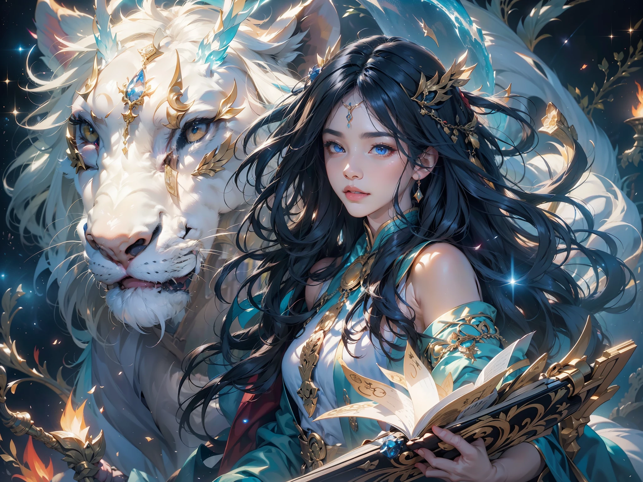 Magic Book,Blood,Night, Dark, (Fantasy),infinite,deep blue sky,The abyss of knowledge,Cowledge,((masutepiece)), (((Best Quality))),((Beautiful fine eyes)),(Eye lashes)、Beautiful girl riding a white tiger、(女の子1人)、Black hair、The long-haired、abyss eyes、glowy skin、oils、small tits、(Bird body、pluma)、Wizard robes、tattered cloth、Realistic coat、Teenchi、elvish、Super delicate CG Unity 32k wallpaper、masterpiece, ((ultra-detailliert)), ((illustratio)),colourfull,wall-paper,The energy,Unknown terror,Incomprehensible,Around the magic,Magical surroundings,magic wands,Boken,Flying pages,Know everything,Predict the future、Get to know the past、Infinite wisdom、blue flames、Warlock、magic circles、Pentagram、Spells、mantra、Singing magic