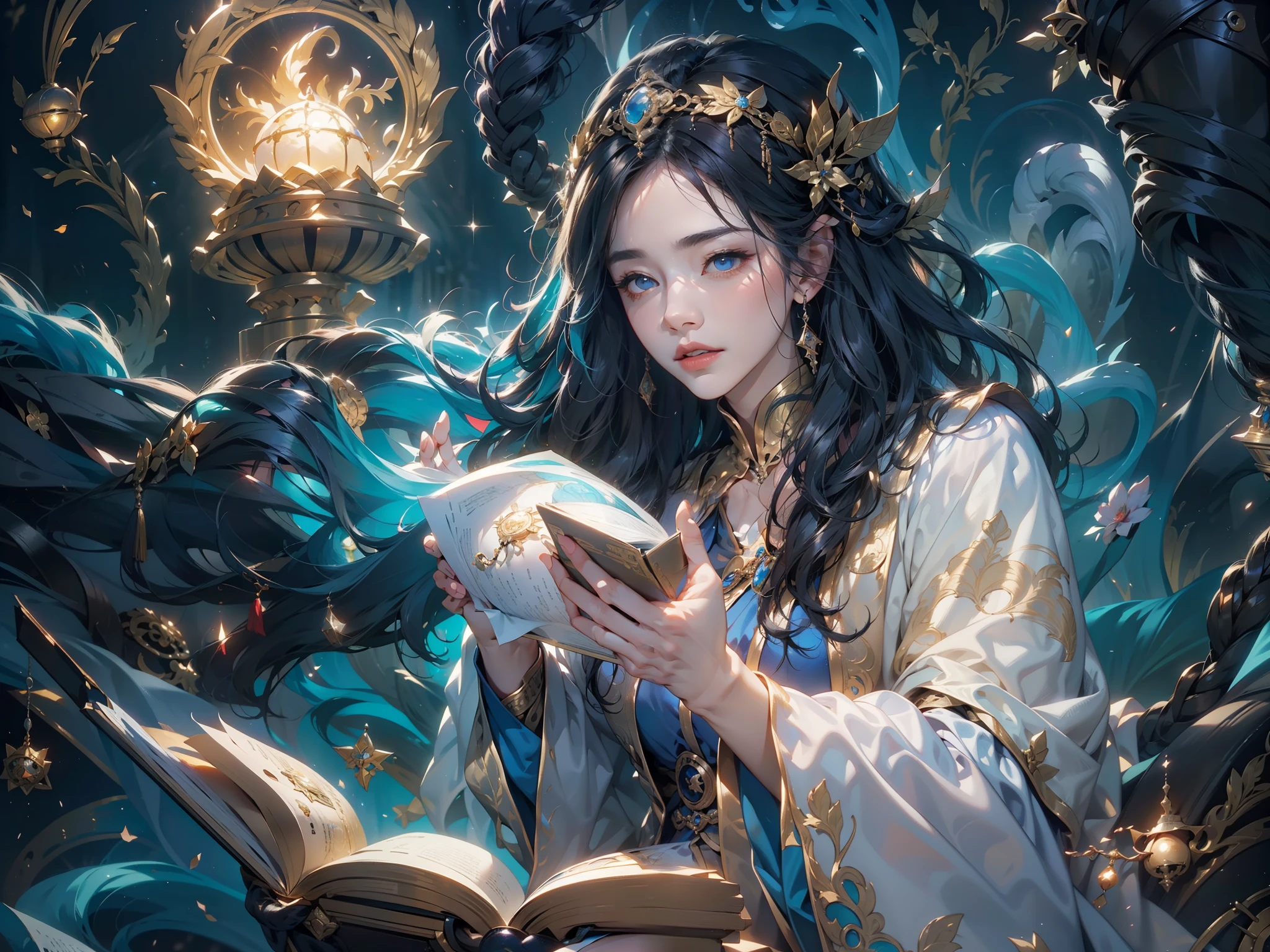 Crystal Castle Sealed in a Book of Magic,Blood,Night, Dark, (Fantasy),infinite,deep blue sky,The abyss of knowledge,Cowledge,((masutepiece)), (((Best Quality))),((Beautiful fine eyes)),(Eye lashes)、Beautiful girl riding a huge white lion with armor、(1 GIRL)、Perfect human body structure、Black hair fluttering in the wind、The long-haired、abyss eyes、glowy skin、oils、small 、Wizard robes、tattered cloth、Realistic coat、Teenchi、Super delicate CG Unity 32k wallpaper、masterpiece, ((ultra-detailliert)), ((illustratio)),colourfull,wall-paper,The energy,Unknown terror,Incomprehensible,Around the magic,Magical surroundings,magic wands,Boken,Flying pages,Know everything,Predict the future、Get to know the past、Infinite wisdom、blue flames、Warlock、magic circles、Pentagram、Spells、mantra、Singing magic