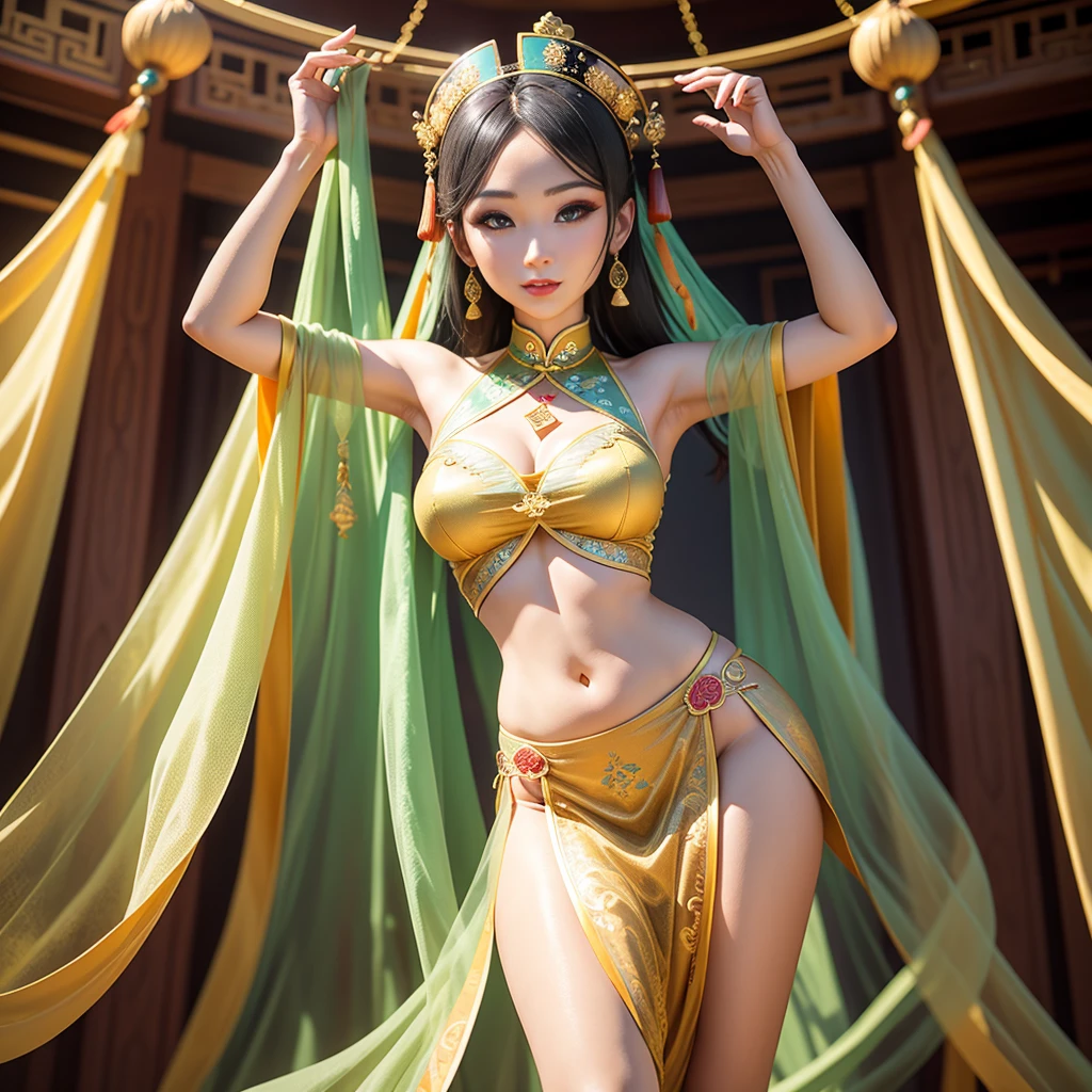 Chinese style，national current，Dunhuang style，a beautiful lady,Transparent tulle Dunhuang clothing，Pictures of flying ladies in Dunhuang，Dunhuang School，belly dance