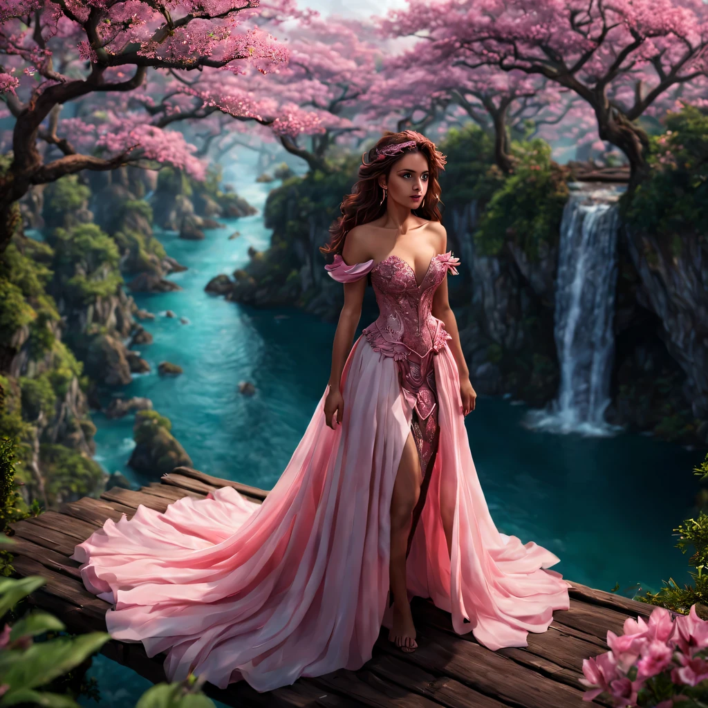 premiado, arte conceitual, belas artes, epic fantasy digital art, bird view,cinematic lighting, Vista descendente,plano super amplo,Viewing angle from afar,profundidade de campos,beautiful young lady (Ariel "A Pequena Sereia" ), (27 anos), ((((corpo inteiro)))), (((usando vestido longo Rosa Claro)), The beauty of an idyllic country fairy tale,((cachoeira)),Pitoresca, pitoresco, Rustic, ((Campo de arroz;1.7)), ((Peach blossom tree)), ((Pequenos rios:1.4)), ((The treehouse is connected to the treehouse by a wooden bridge)), epic,