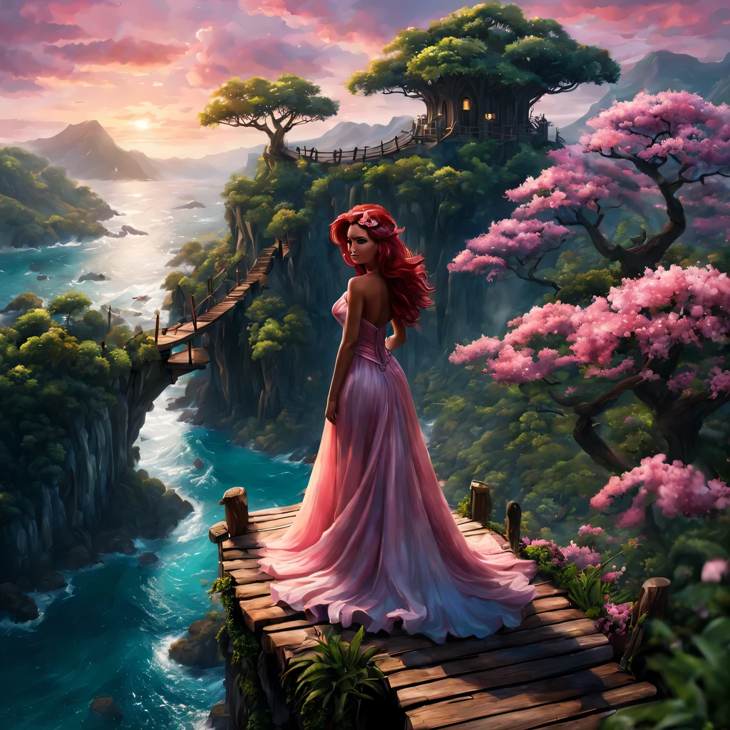premiado, arte conceitual, belas artes, epic fantasy digital art, bird view,cinematic lighting, Vista descendente,plano super amplo,Viewing angle from afar,profundidade de campos,beautiful young lady (Ariel "A Pequena Sereia" ), (27 anos), ((((corpo inteiro)))), (((usando vestido longo Rosa Claro)), The beauty of an idyllic country fairy tale,((cachoeira)),Pitoresca, pitoresco, Rustic, ((Campo de arroz;1.7)), ((Peach blossom tree)), ((Pequenos rios:1.4)), ((The treehouse is connected to the treehouse by a wooden bridge)), epic,