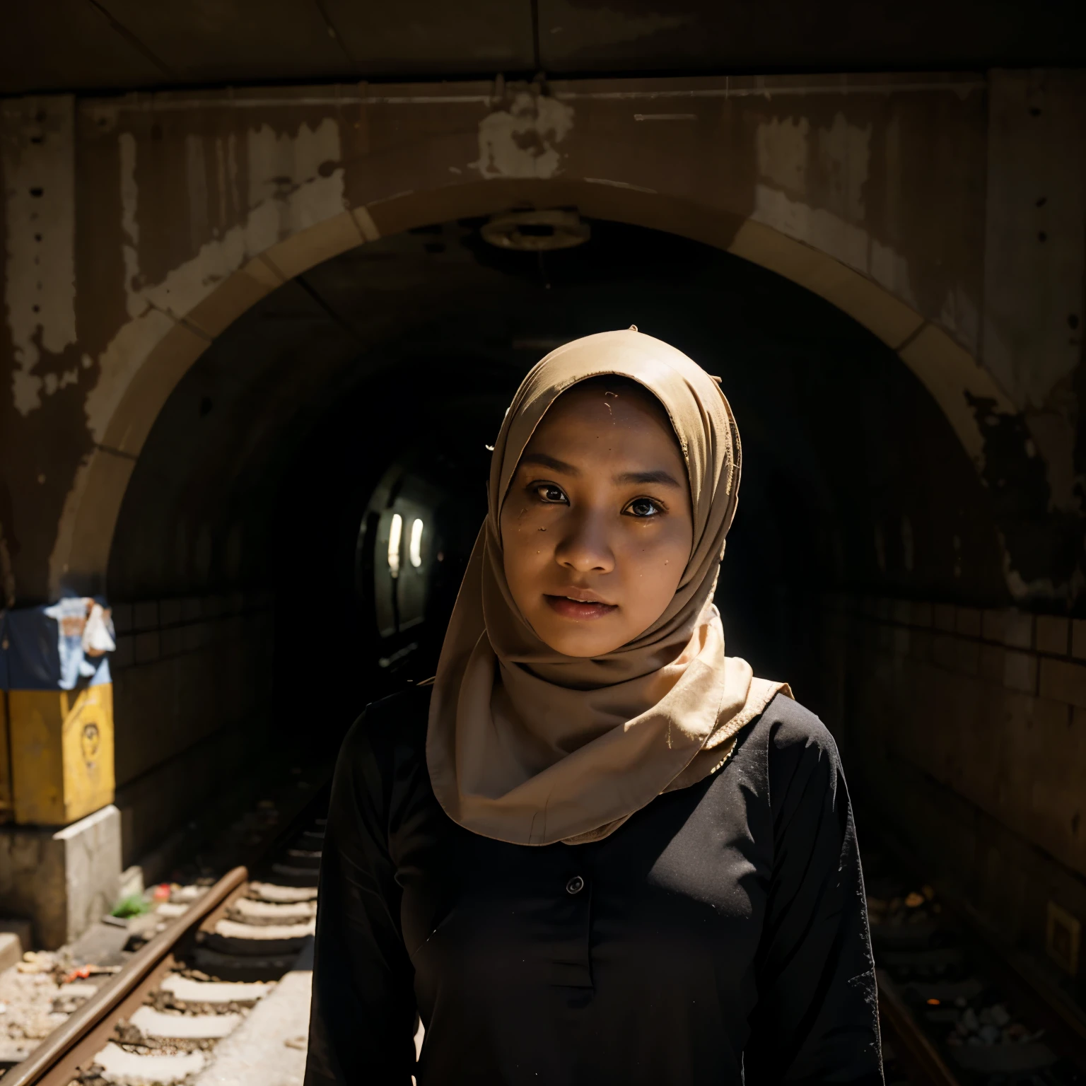 Malay girl wearing hijab, torn dress,with frightening face in dark old train tunnel, sun light from ceiling hole bright her up