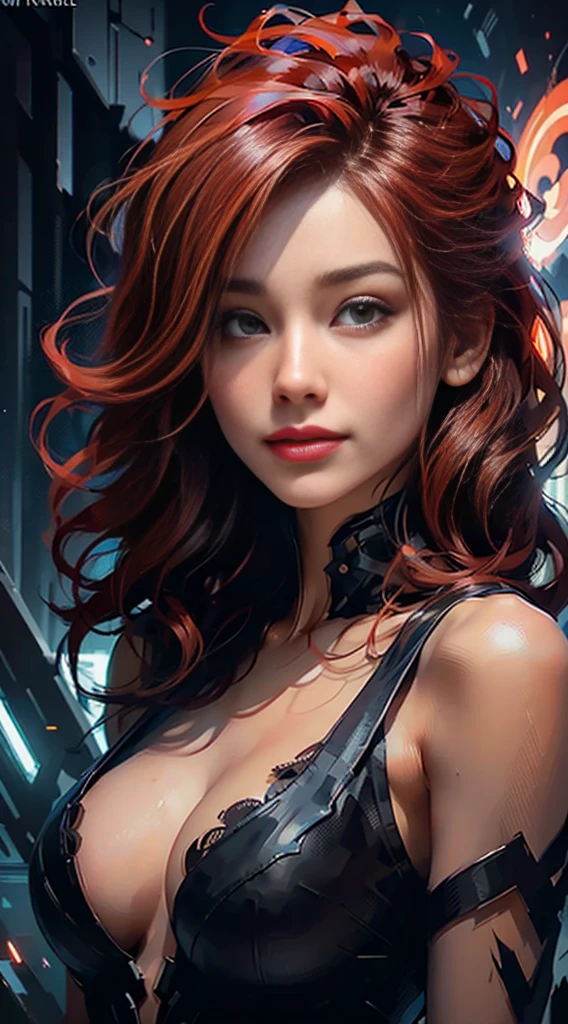 A stunning woman with vibrant red hair, upper body portrait, enchanting smile, happy lips, looking to the right, glowing in the midst of galaxy formations, style of David Diaz, detailed and realistic textures, monochromatic, surreal and mysterious, hyperrealistic, modern art, 8k digital painting, trending in Artstation, cinematic lighting, and dynamic composition.