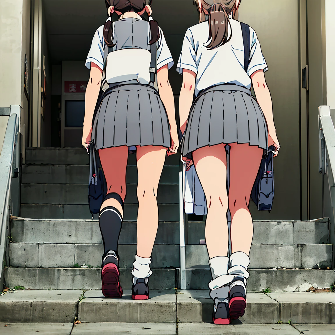 ((highest quality, 8K, RAW photo)), sharp focus 1.5,((3 high school girls))brown hair、black hair、twin tails、back view((Walking up the stairs at Yokohama Station))((panty visible))((mini skirt))(((Gray skirt)))(((White loose socks)))(((loafers)))((Low - Angle))((Full body view))