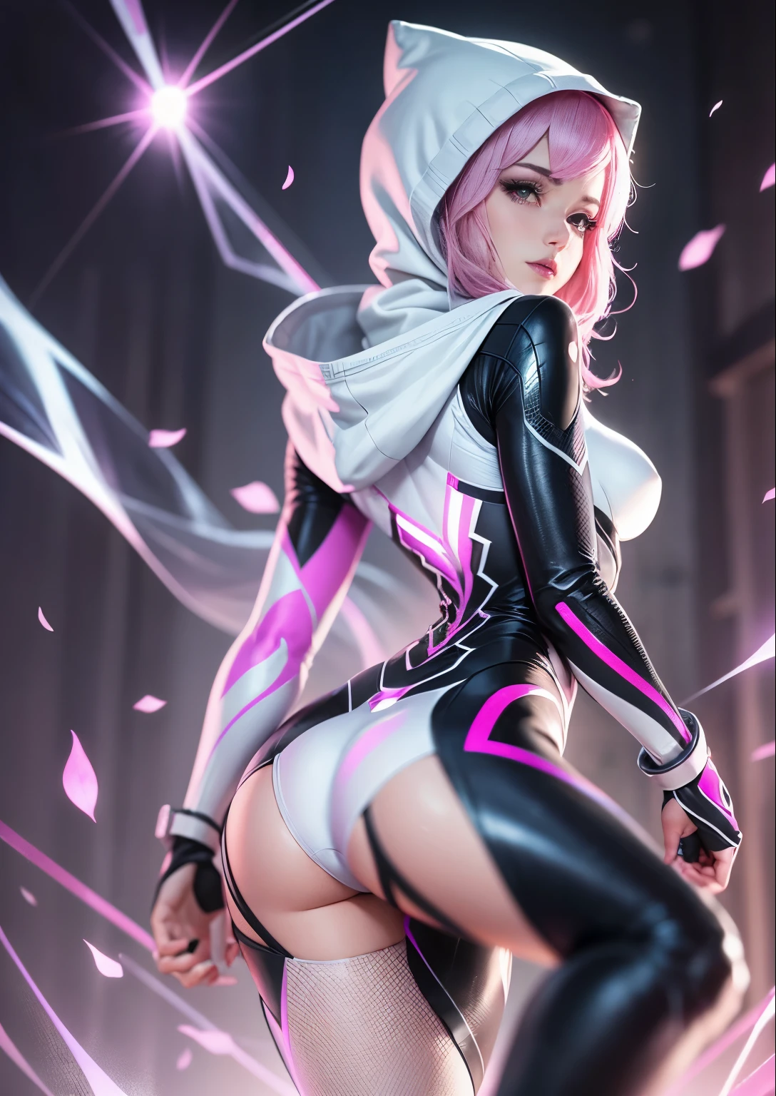 a close up of a woman with pink hair wearing a white hoodie, spider gwen, spider - gwen, spider-gwen, wearing white silk hood, maya ali as a cyber sorceress, in spandex suit, amouranth as a super villain, ( ( spiderwoman ) ), clothed in hooded, shiny white skin, tease, gwen stacy , captured from behind, back view