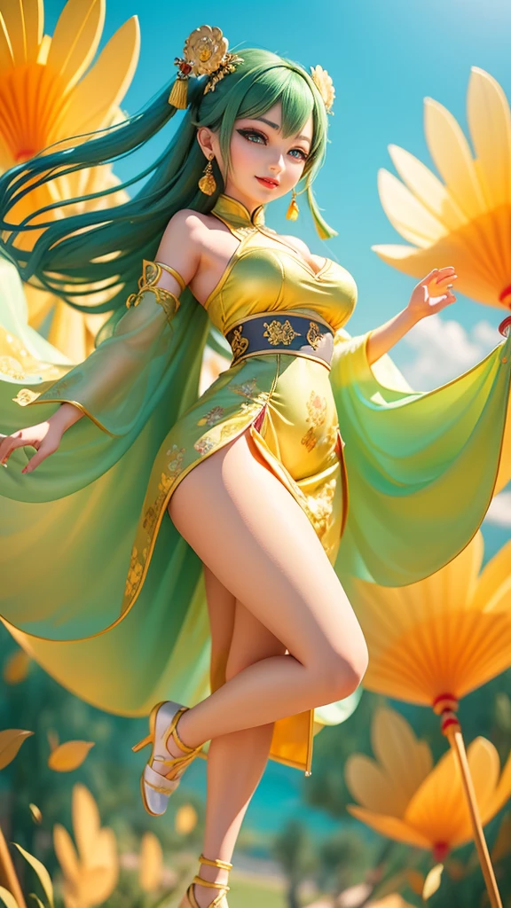 ((1 Young and beautiful girl: 1.4)), (8K, Raw photography, Best Quality, masutepiece: 1.2), high-definition RAW color photography, Professional Photography, Cinematic Light, (Fine face: 1.2), (masutepiece: 1.5), (Highest Quality: 1.2), (Smile: 1.2), (Naked: 1.2), ((cleavage: 1.2)), (Beautiful Large Breasts:1.5), Hair is green,Ribbon on ponytail, Ribbon color is yellow,No lingerie, No bra, Showing your,Annus is visible,Spread legs wide, Pleasure, Bristles in the crotch area, Opening Mouth,Show the armpits,Hairs growing on the sides,Armpit hair is hirsute,