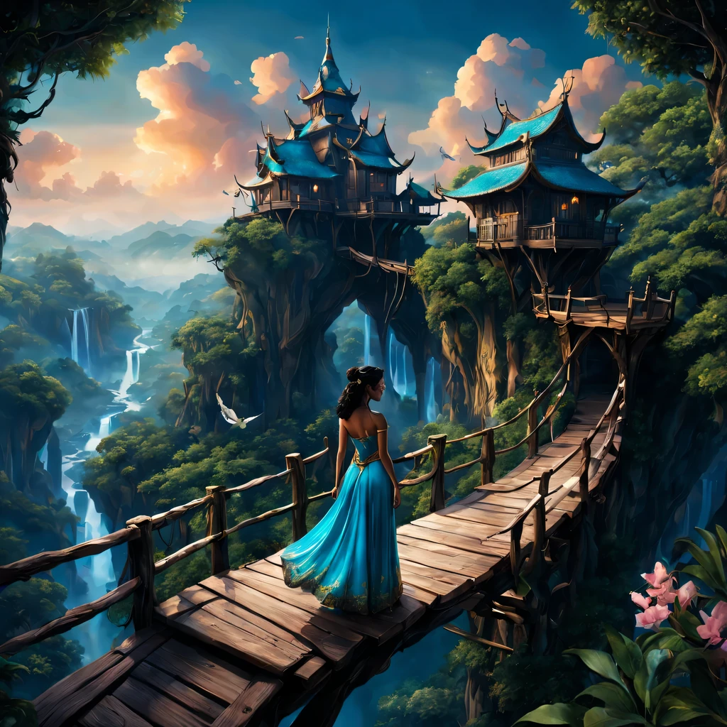 premiado, arte conceitual, belas artes, epic fantasy digital art, bird view，cinematic lighting, Vista descendente，plano super amplo，Viewing angle from afar，profundidade de campos，beautiful young lady (Jasmine "Aladdin " ), (18 anos), ((((corpo inteiro)))), (((usando vestido longo Azul Turquesa)), The beauty of an idyllic country fairy tale，((cachoeira))，Pitoresca, pitoresco, Rustic, ((Campo de arroz;1.7)), ((Peach blossom tree)), ((Pequenos rios:1.4)), ((The treehouse is connected to the treehouse by a wooden bridge)), epic,
