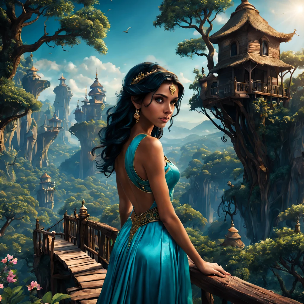 premiado, arte conceitual, belas artes, epic fantasy digital art, bird view,cinematic lighting, Vista descendente,plano super amplo,Viewing angle from afar,profundidade de campos,beautiful young lady (Jasmine "Aladdin " ), (18 anos), ((((corpo inteiro)))), (((usando vestido longo Azul Turquesa)), The beauty of an idyllic country fairy tale,((cachoeira)),Pitoresca, pitoresco, Rustic, ((Campo de arroz;1.7)), ((Peach blossom tree)), ((Pequenos rios:1.4)), ((The treehouse is connected to the treehouse by a wooden bridge)), epic,