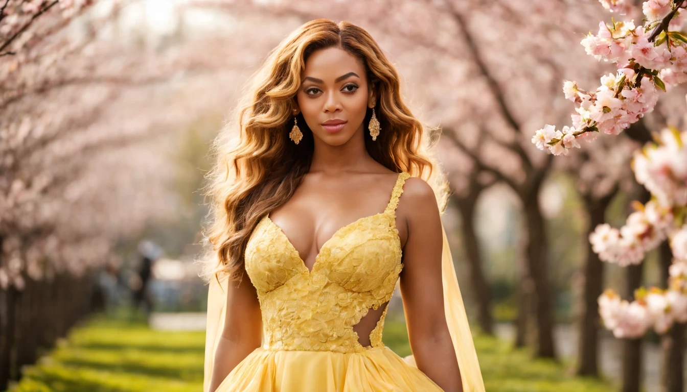 (fotografia de alta qualidade), beautiful young lady (beyonce), (27 anos), long yellow dress in pastel tones, o corpo cercado de flores de cerejeiras, standing and posing fantasy in cherry blossom garden, desfoque de profundidade, bokeh, 300 DPI, atmosfera encantadora, foto, 8k, dynamic action,