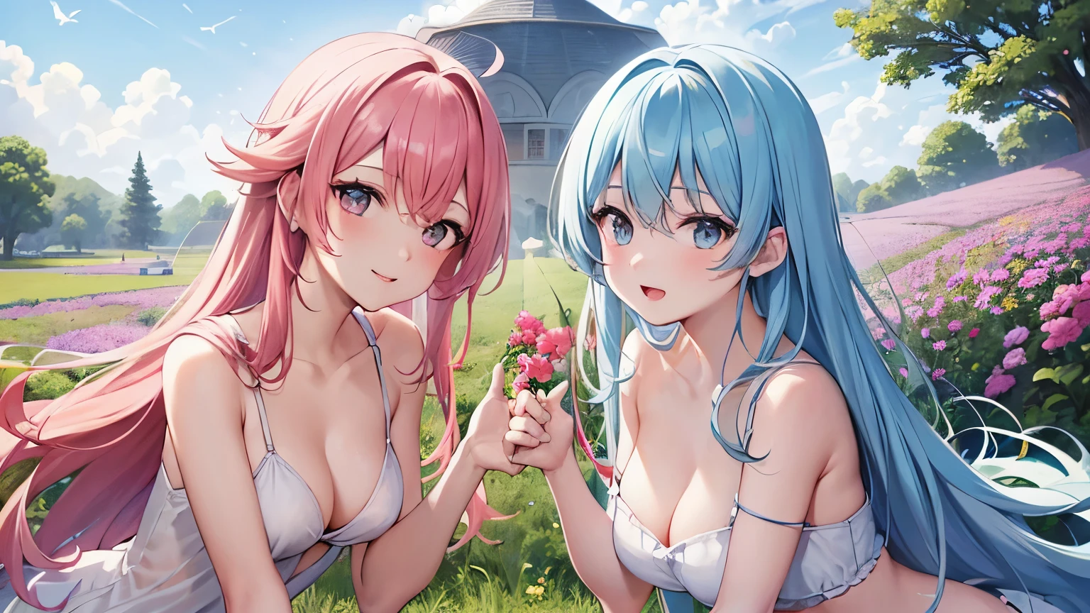 Two pure and innocent girls、 and adults、2 people(1 person with pink hair、1 name light blue hair)、cute face、beautiful eyes、naked、nipple、Pussy、beauty of nature、warm sunshine pouring down、wild flowers swaying in the breeze々Surrounded by、enjoying time in the fields。Butterflies and birds fly around her、Adds a playful atmosphere。