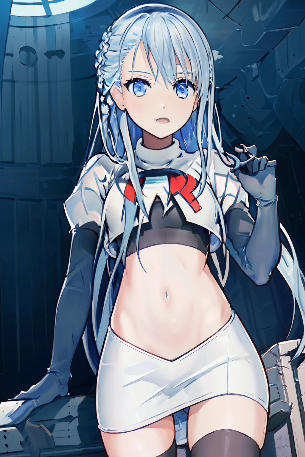 masuter piece, Best Quality,Illustration, Wallpaper, ultra -detail, a small face、(((molesting)))、Gray hair color、barechested、((shame))、(Teary-eyed)、(((Nothing is worn)))、((Girl being touched by a man))、small cherry-colored nipples 、Angle seen from below、ample breasts