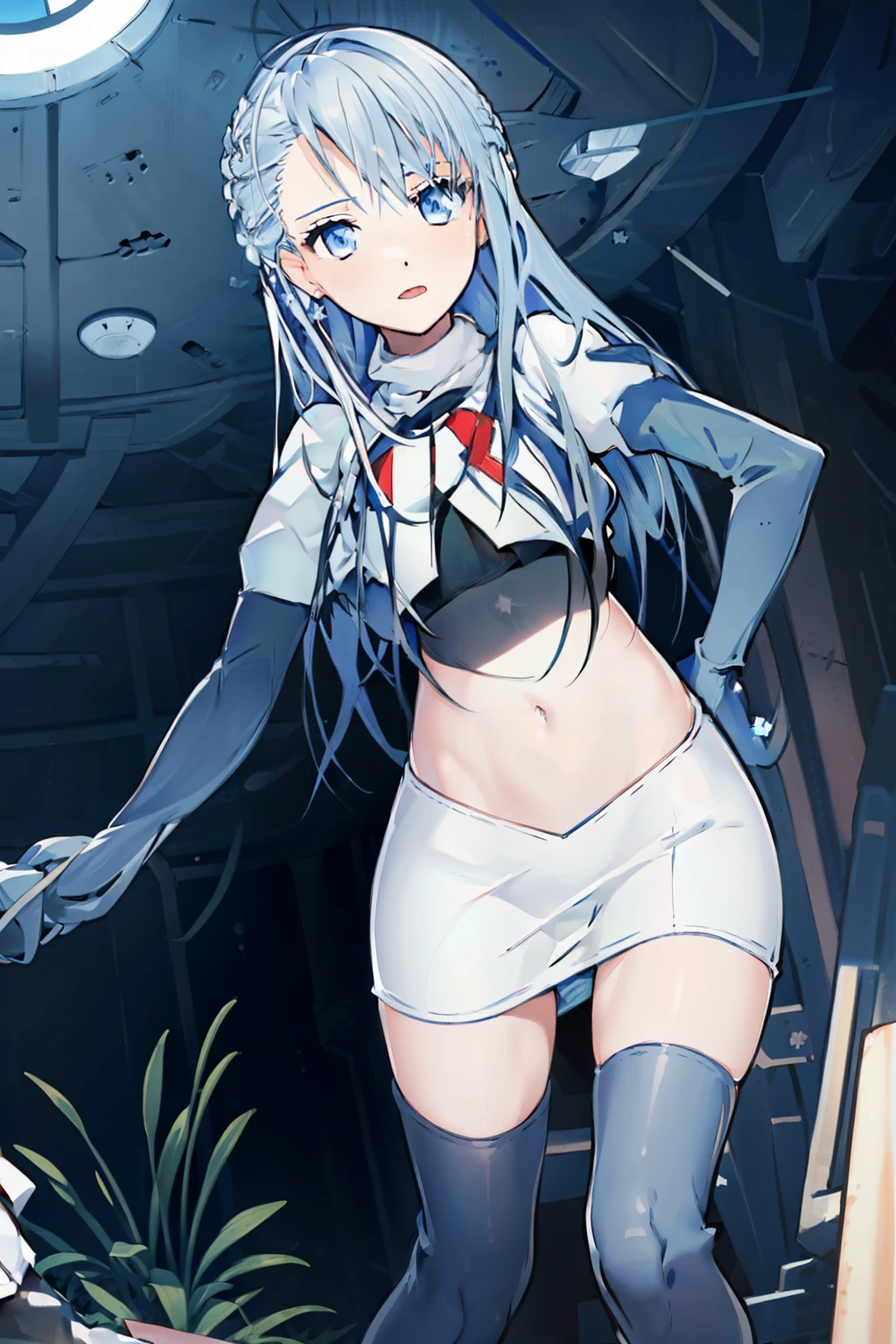 (best quality:1.1),(masterpiece:1.1),(illustration:1.1),(official art:1.1), 
1girl, solo focus, blue_hair, long hair, blue eyes, team rocket,team rocket uniform, red letter R, white skirt,white crop top,black thigh-highs,black elbow gloves,
(suzuna:1.2), 
