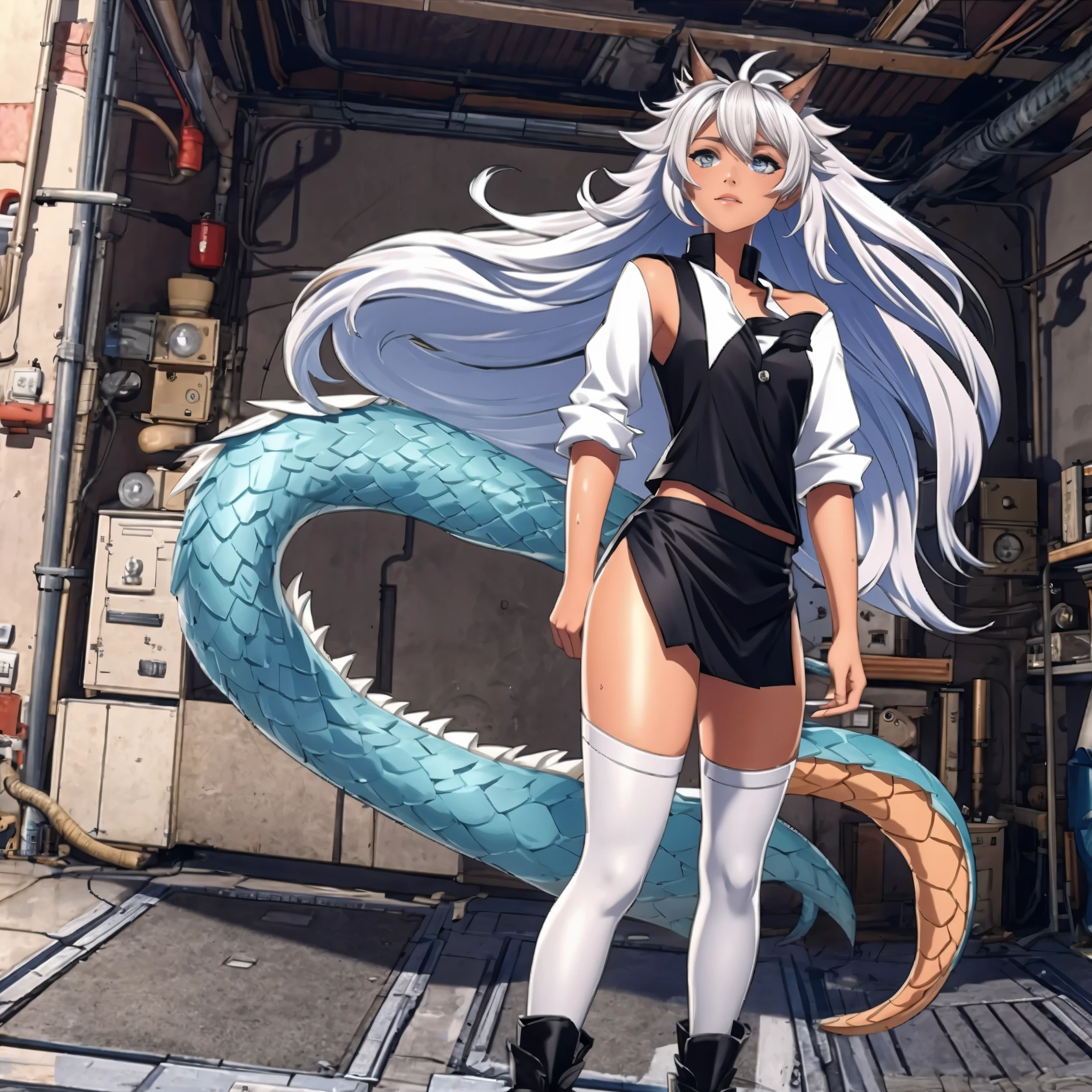 8k, resolution, high quality, high resolution, best quality, extremally detailed, best resolution, absurd resolution, ray tracing, high detailed, masterpiece, extremely detailed,shoulder length white hair, female,2 white wolf ears, teenage girl, slim body,white scale dragon tail,black boots,black leggings, navel blue school skirt, sailor shirt, white jacket, medium size chest, detailed blue eyes, detailed beautiful face,solo female,1 dragon tail, detailed eyes, tomboyish, dragon tail, white scales