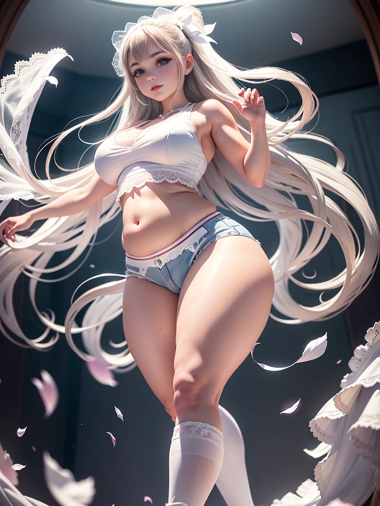 sports shoes,bridal beauty,white socks,stand,Refined face,long hair,denim hot-pants,White lace vest,bathroom,Bridal veil,ta,girl,float,Wind magic,flying petals,Floating hair,
,belly dance,Bare crotch,Exposing the upper part of the mons pubis and thick hair,thigh
