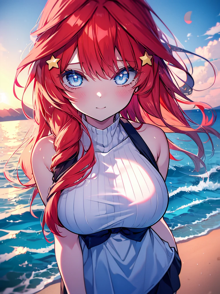 , , mksks style, detailed background, 1 girl, alone, Itsuki Nakano, star hair ornament, long hair, redhead, bangs, hair amazing eyes, Braid, blue eyes, big breasts , hibiscus hair ornament,whole body,While strolling along the sandy sands of the beach、smile,Hard working days々々々Sought solace from the burden of.,Sky blue hair waving in the breeze, It reflected the serenity that filled her heart and the longing for liberation,Red swimsuit,(masterpiece:1.2), highest quality, High resolution, unity 8k wallpaper, (shape:0.8), (beautiful and detailed eyes:1.6), highly detailed face, perfect lighting, Very detailed CG, (perfect hands, perfect anatomy),