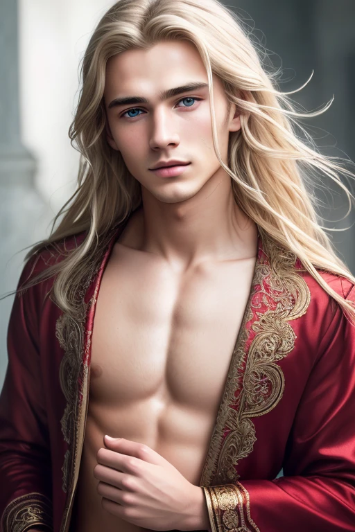 Photo of a 20-year-old European man, raw, beautiful (long blonde hair). ((Portrait)), ((Detailed face: 1.2)), ((detailed facial features)), (finely detailed skin), (masterpiece) (perfectly proportions)(photos realistic)(Best Quality) (Detailed) photographed in a Canon EOS R5, 50mm Lens, F/2.8, nffsw, (8k) (Wallpaper) (Cinematic lightning) (Dramatic Lighting) (foco nítido) (Convoluted) Fashion, From above, handsome guy, 20 years old, smelling red rose, wearing old matador dress.