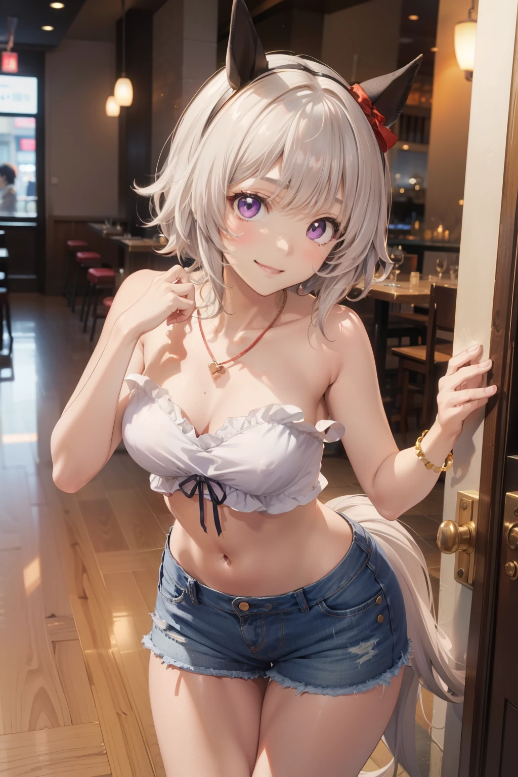 curren chan \(umamusume\), anime girl with long white hair and purple eyes posing in a hallway, restaurant door, expensive restaurant, seductive anime girl, small curvy , perfect white haired girl, attractive anime girl, beautiful anime girl, cute anime girl, girl with white hair, smooth anime cg art, pretty anime girl, anime style 4 k, anime best girl, anime girl, 4k anime wallpaper, denim shorts, small breasts, masterpiece, necklace, smiling, navel, leaning forward, hands on back, short hair, horse ear, horse tail, white bandeau, cleavage, stomach, smartphone