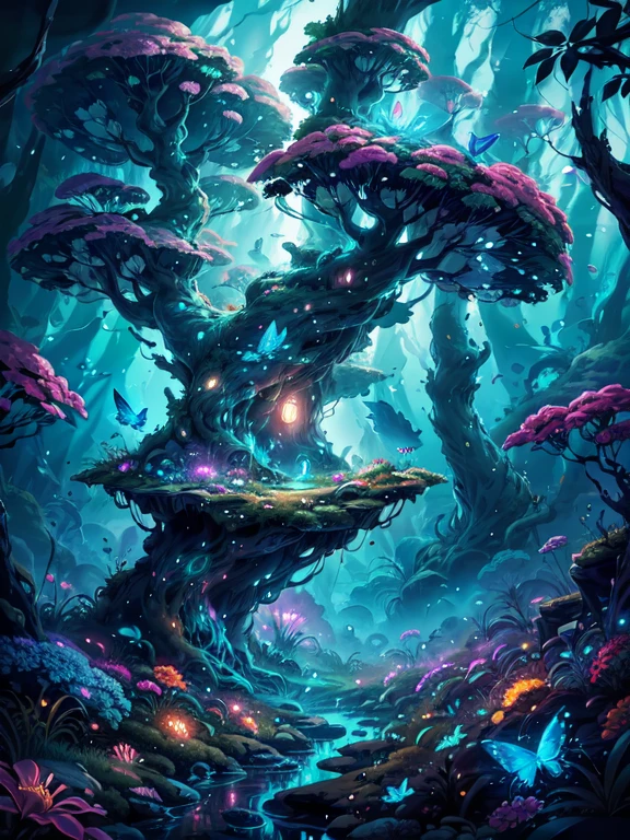 at night, Moonshine, In a lush landscape, (girl focus:1.2),A place where a girl goes on a journey up a green hill, ((Surrounded by a protective canopy of the forest , sea of an colorful glowing flowers, butterfly, fire Fly, )) 休憩 意figure的で穏やかな足音で, she climbs a steep mountain, Yearning to explore the hidden depths of ancient forests, when she steps deep into the heart of the forest, The atmosphere will be quiet and constant, It's as if time itself has stopped moving, Scene of a girl navigating herself in a stationary labyrinth in the forest,With a sense of serenity and intrigue that permeates the scene, with vivid color paintingBREAK,be familiar with,realistic,4K high-definition digital art,octane rendering, bioluminescence, BREAK 8K resolution concept art, realism,by mappa studio,masterpiece,highest quality,official art,figure,clear lines,(nice_color),perfect composition,disorganized, fantasy,concentrated,third law