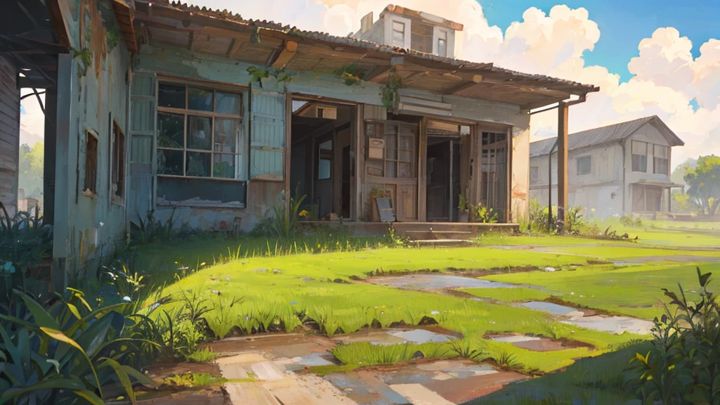 abandoned building covered in grass, town eroded by nature, summer sky