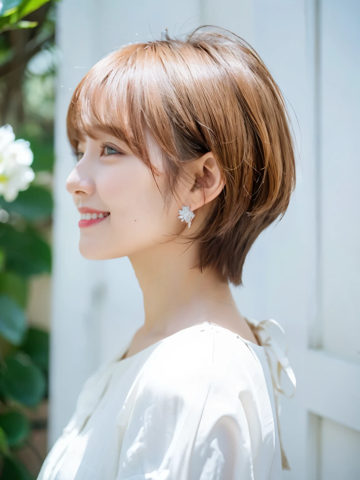 A woman with a short haircut wearing a white shirt - SeaArt AI