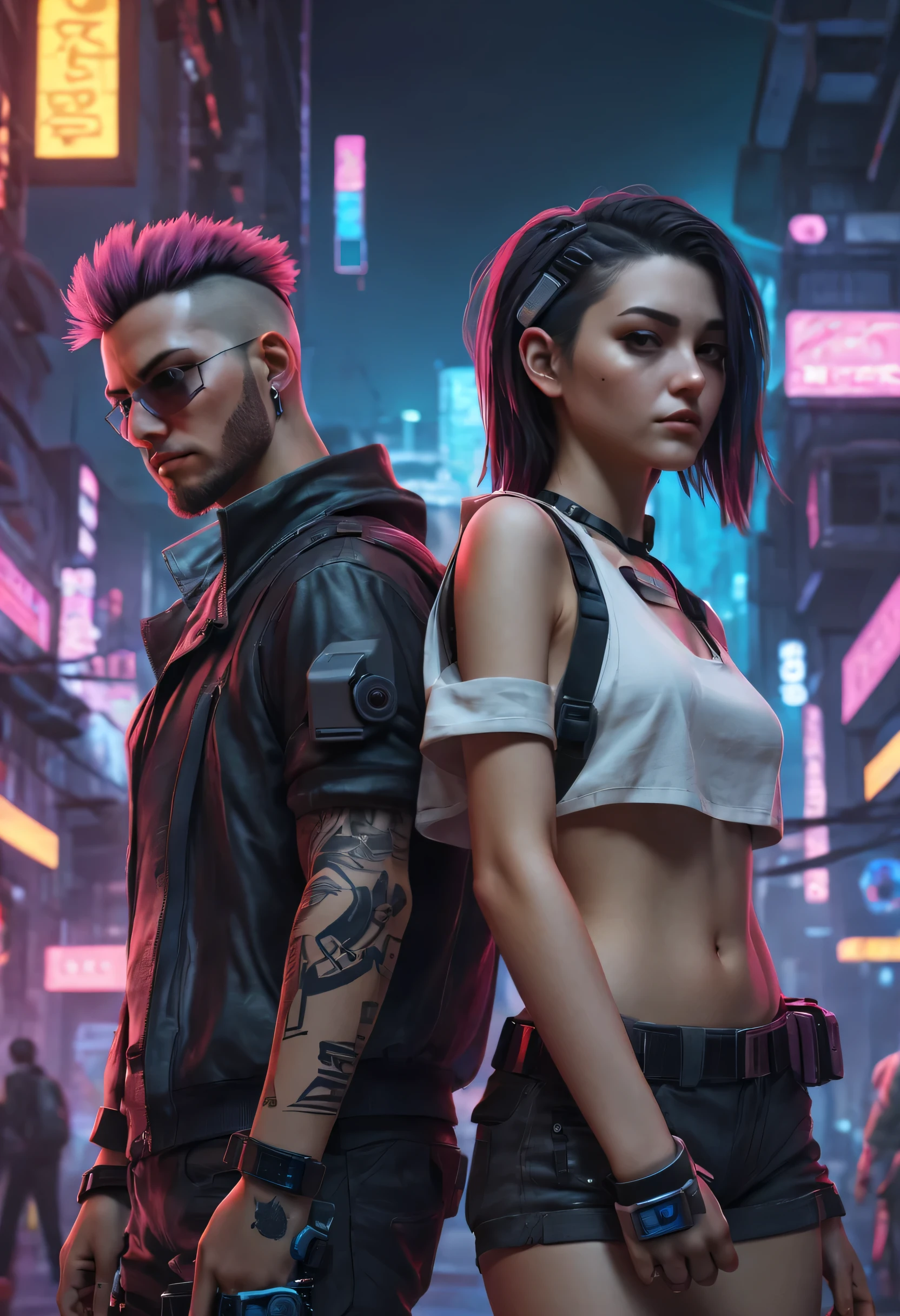 cyber punk, playing games.boy and girl. realistic.City Pop.