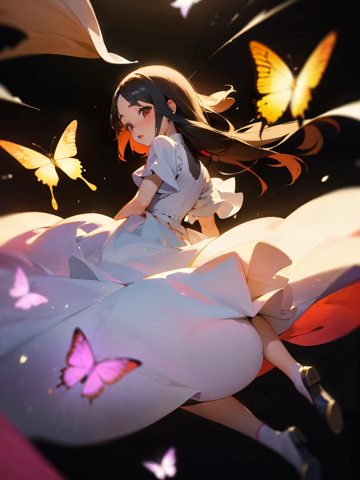 Kaguya shinomiya wearing a cute dress with 50000 butterflies lifting her, 4k, masterpiece, fireflies, organza ballgown dress, crystal sparkling, iridescent