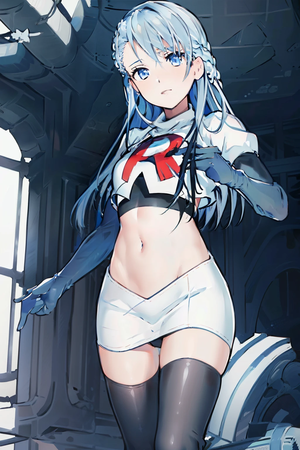 (best quality:1.1),(masterpiece:1.1),(illustration:1.1),(official art:1.1),
1girl, solo focus, blue_hair, long hair, blue eyes, team rocket,team rocket uniform, red letter R, white skirt,white crop top,black thigh-highs,black elbow gloves,
(suzuna:1.2),
