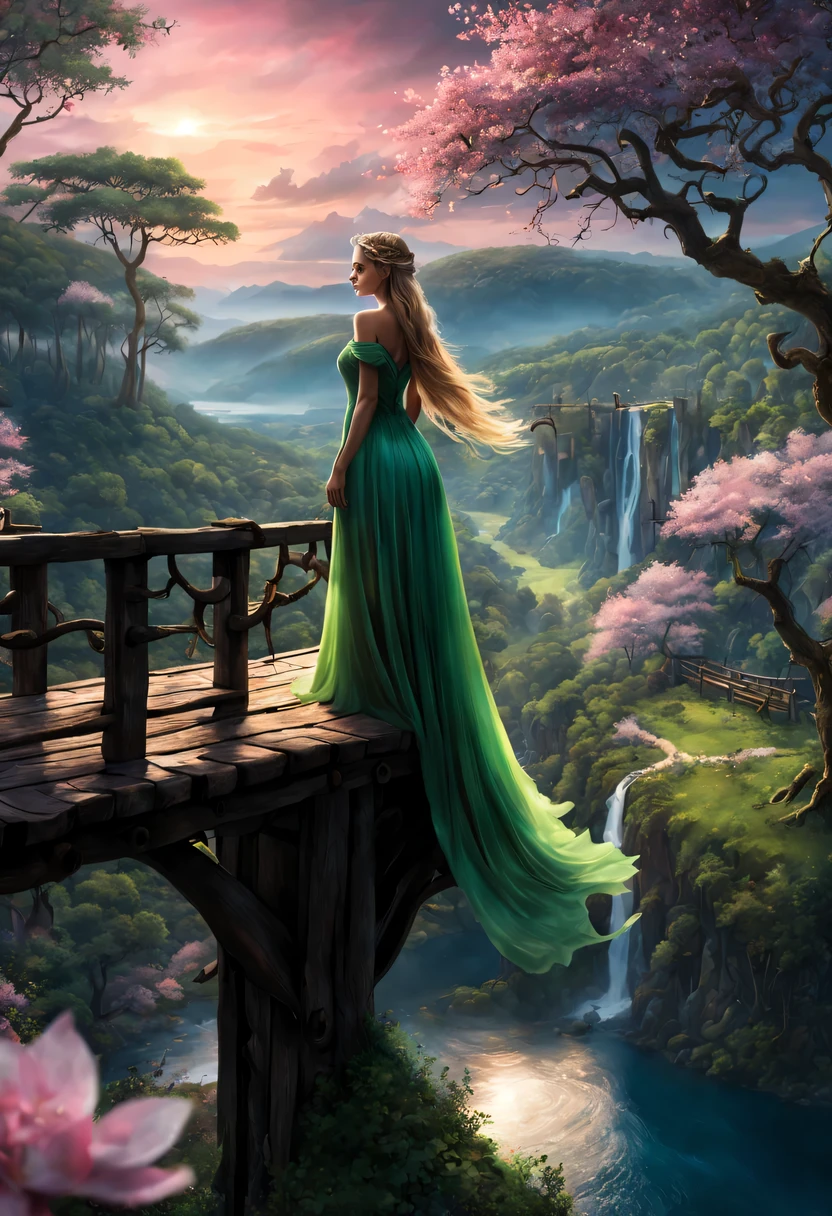 premiado, arte conceitual, belas artes, epic fantasy digital art, bird view,cinematic lighting, Vista descendente,plano super amplo,Viewing angle from afar,profundidade de campos,beautiful young lady (Aurora "A Bela Adormecida" ), (27 anos), ((((corpo inteiro)))), (((usando vestido longo Rosa)), The beauty of an idyllic country fairy tale,((cachoeira)),Pitoresca, pitoresco, Rustic, ((Campo de arroz;1.7)), ((Peach blossom tree)), ((Pequenos rios:1.4)), ((The treehouse is connected to the treehouse by a wooden bridge)), epic,