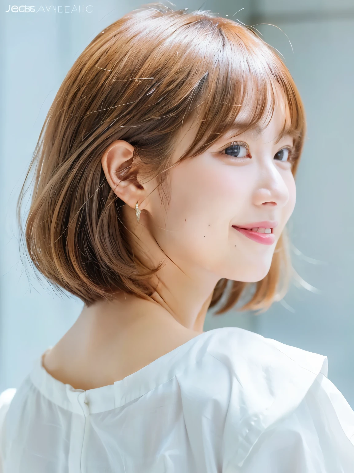 white wall、Taken in front of the white door、(窓のあるwhite wallの部屋)、(8K、Raw photo、highest quality、masterpiece:1.2)、High-definition RAW color photo、professional photos、(realistic、フォトrealistic:1.37)、Shot in natural light、1 girl、laughter、Versatile poses、Spring clothes、 necklace、(Beautiful profile:1.3)、Don't look at the camera、profile、shortcut、((bright hair color))、short hair、Shot in natural light、High-tone hair color、earrings、Blouses in pastel colors、Smile