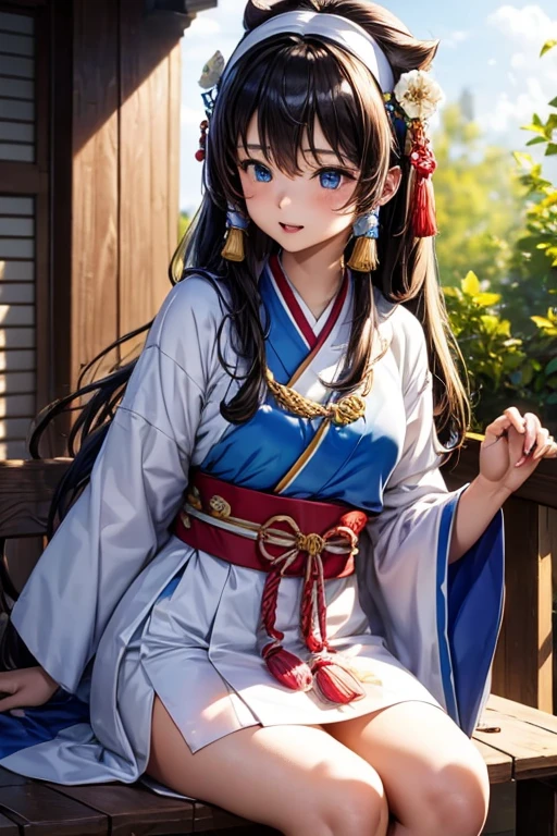 queen of the ainu、cute、Ainu pattern clothes、white and blue clothes、Ainu pattern、Have a bow、Ainu art、clean your eyes、